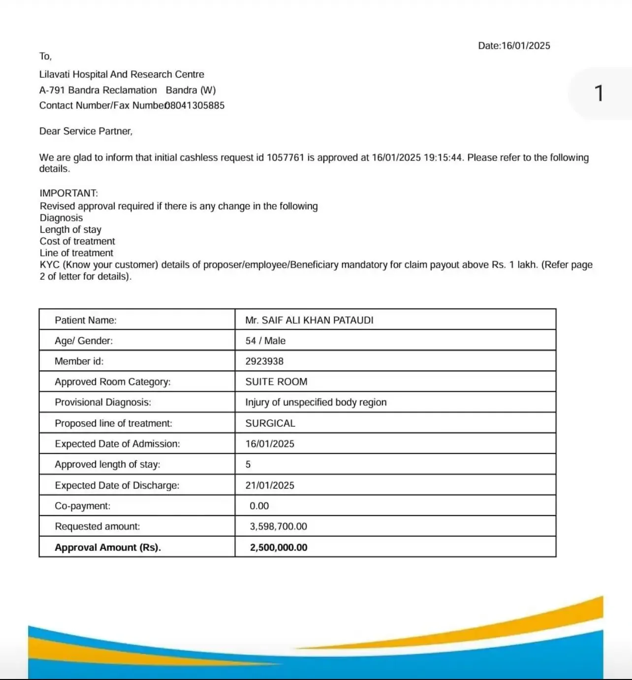 Health insurance claim by Saif Ali Khan