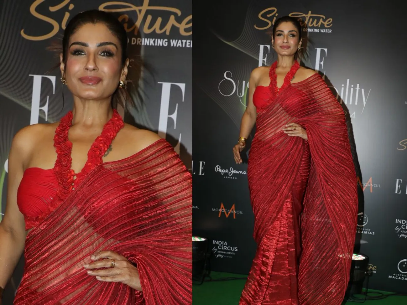 Raveena Tandon sizzling look transparent maroon saree glamorous horizontal  blouse at ELLE Sustainability Awards 2024 | पारदर्शी साड़ी पर ग्लैमरस  ब्लाउज पहनकर पहुंचीं रवीना टंडन, 49 की उम्र में ...