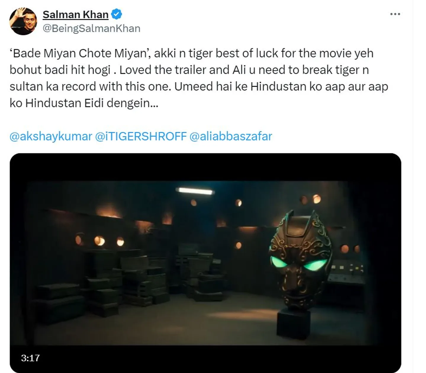 Salman Khan declares Akshay Kumar, Tiger Shroff's Bade Miyan Chote Miyan a  hit | सलमान की भविष्यवाणी, बहुत बड़ी हिट होगी बड़े मियां-छोटे मियां: कहा-  टाइगर और सुल्तान का रिकॉर्ड ...