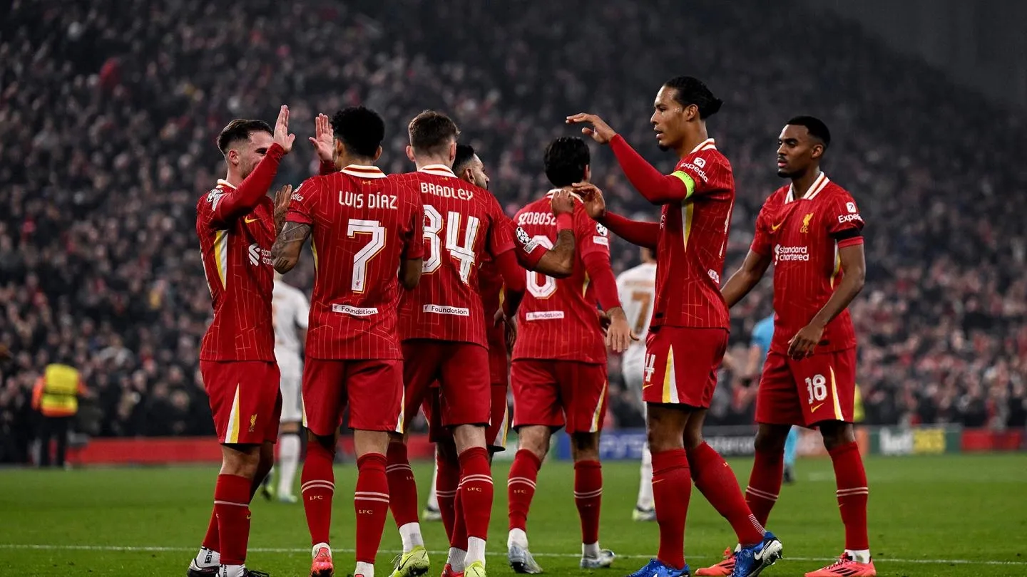 Liverpool celebrate goal against Bayer Leverkusen- Sportz Point.com