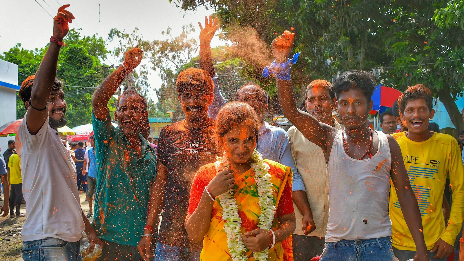 BJP workers celebrate victory in West Bengal Panchayat Polls
