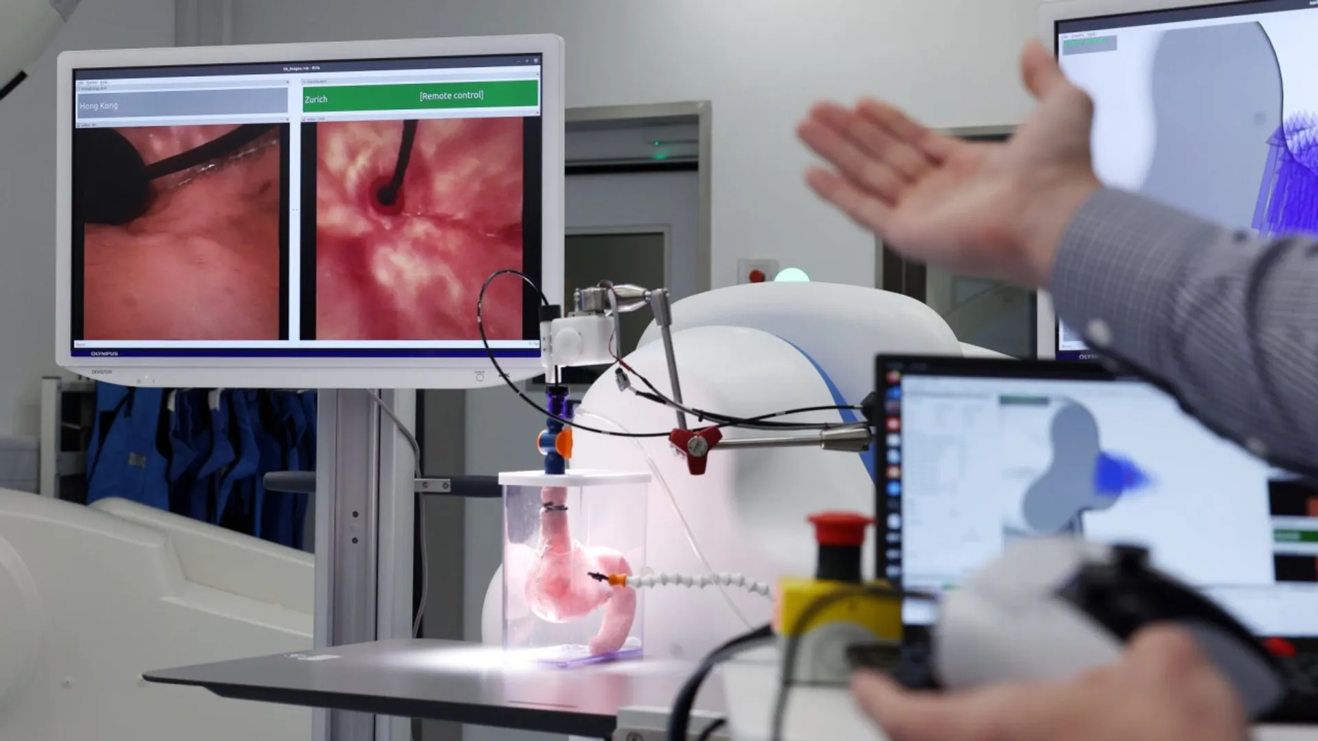 Doctor in Zurich performs remote endoscopy on pig in Hong Kong
