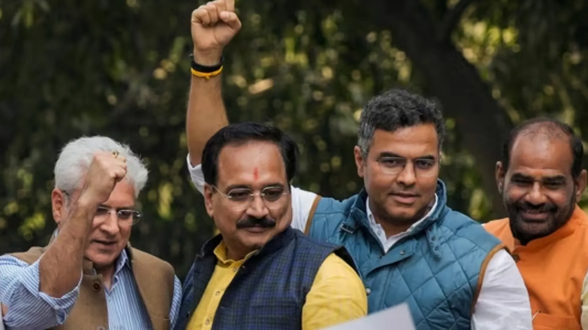 Delhi BJP President Virendra Sachdeva and party leaders Kailash Gahlot, Parvesh Verma and Ramesh Bidhuri during a protest against former Delhi chief minister Arvind Kejriwal.