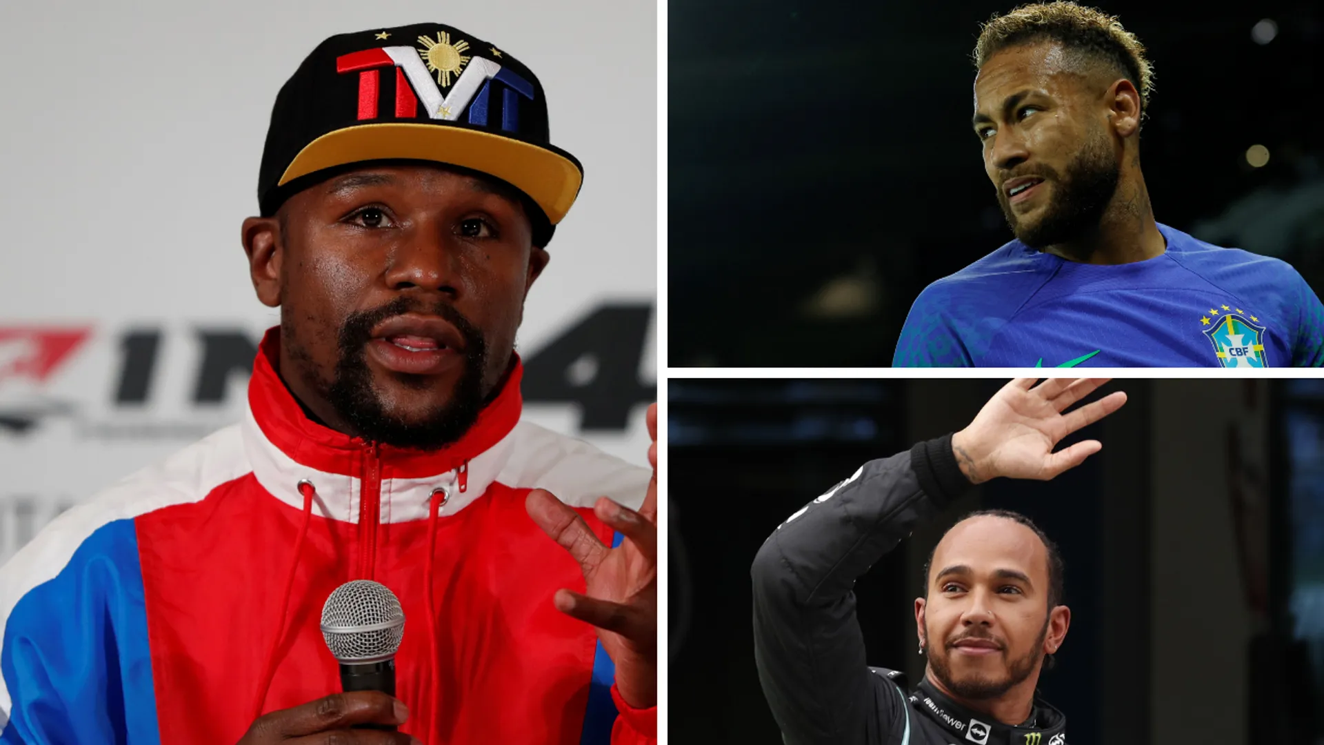 File photos of Floyd Mayweather (left), Neymar (top right), and Lewis Hamilton (bottom right).
