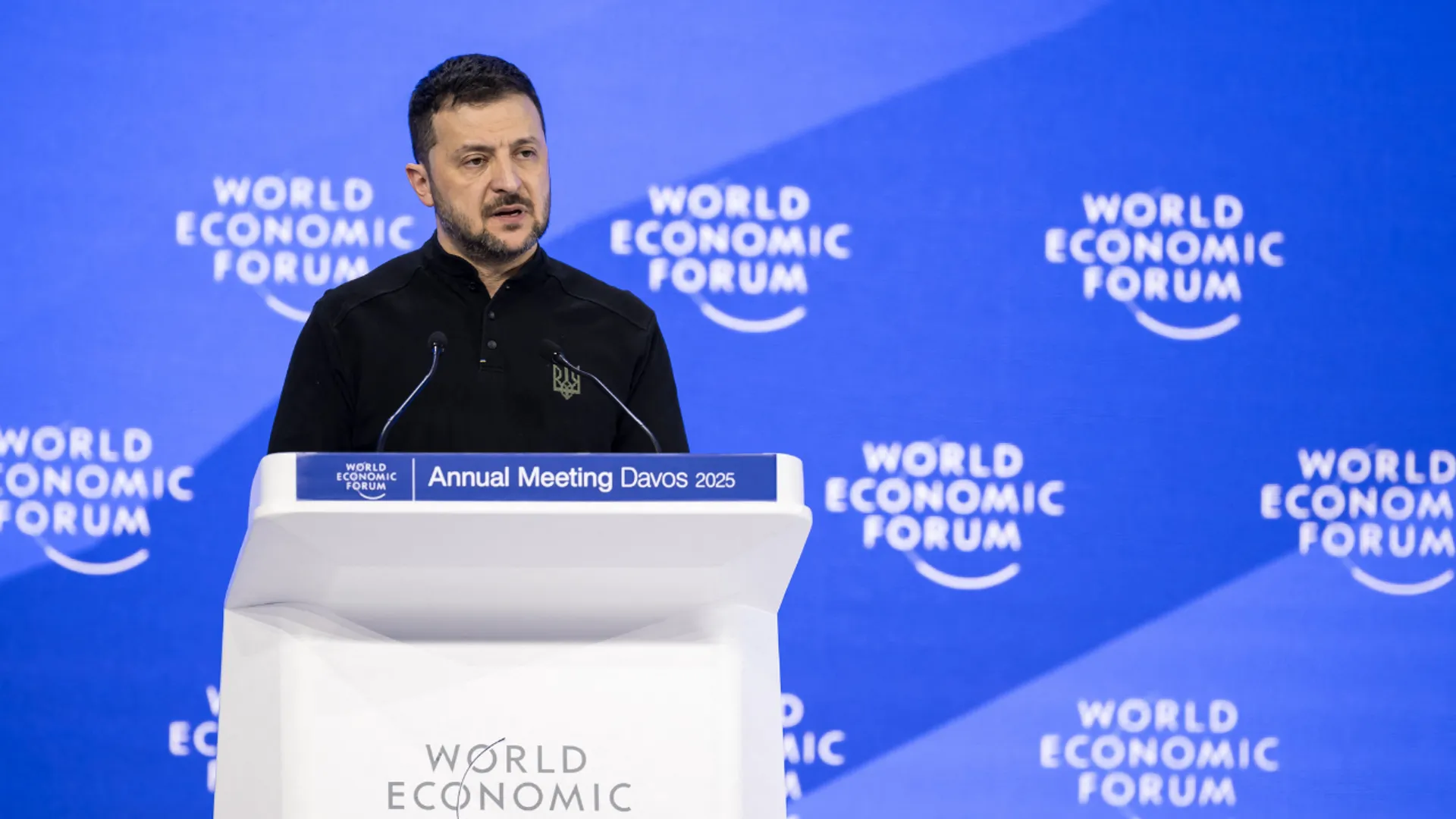 Zelensky delivers a speech during the World Economic Forum (WEF) annual meeting in Davos on January 21, 2025.