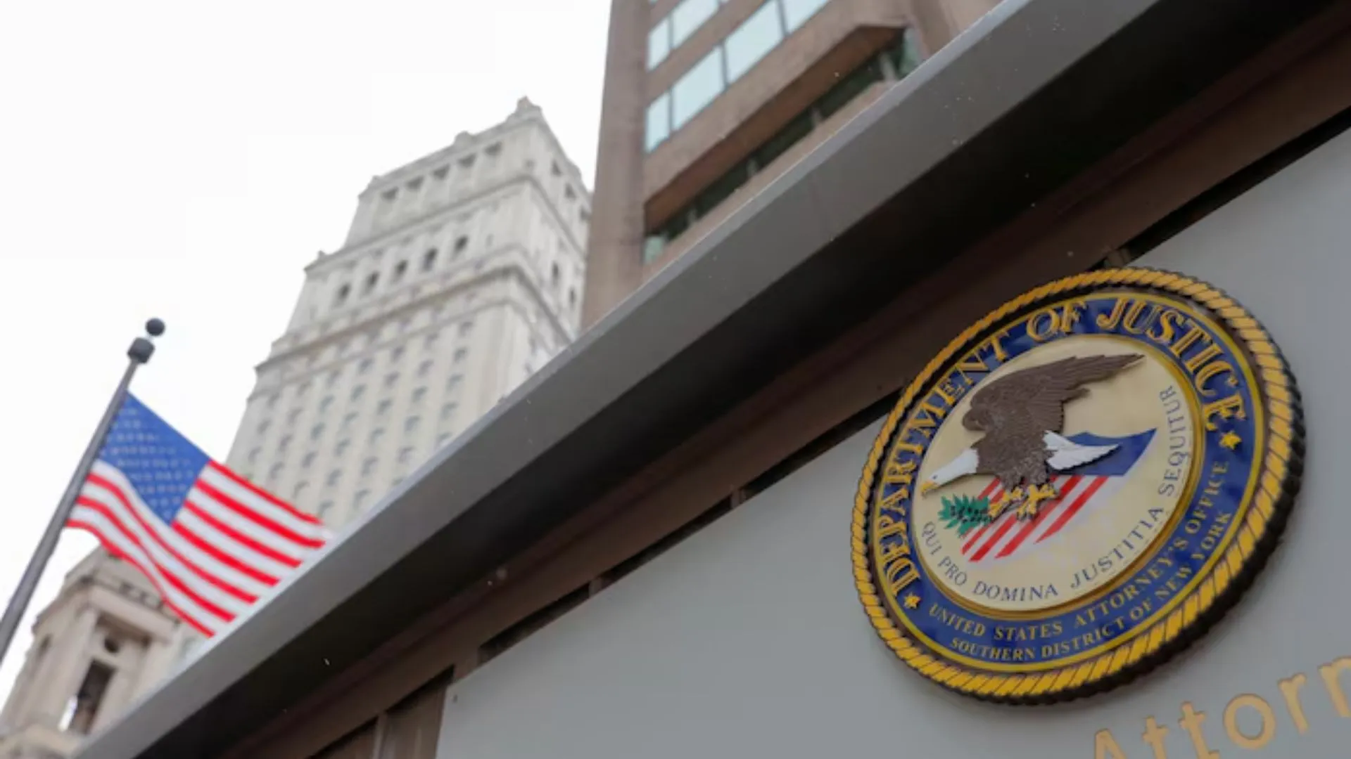 The seal of the United States Department of Justice is seen on the building exterior of the United States Attorney's Office of the Southern District of New York in Manhattan, New York