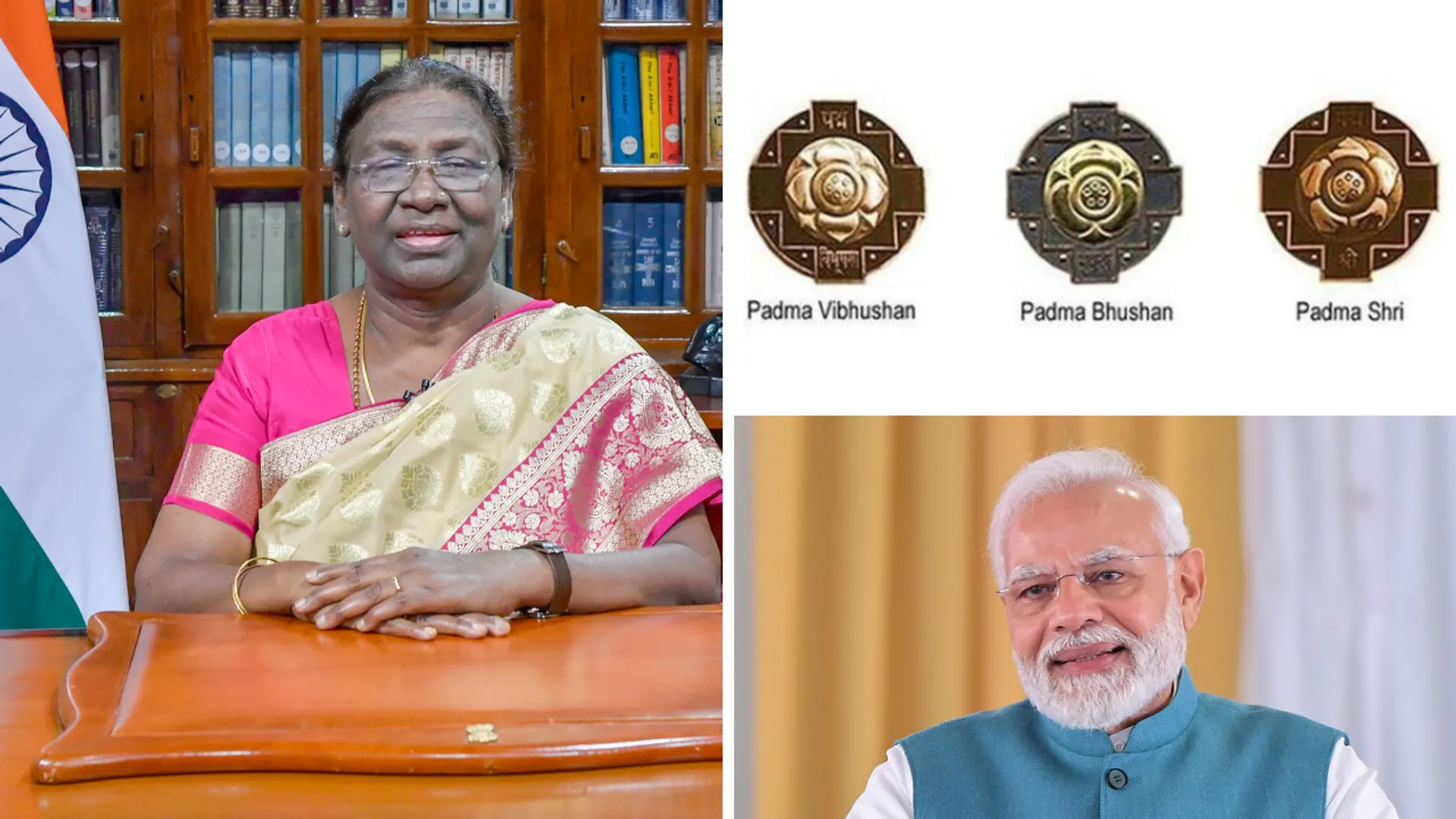 President Droupadi Murmu (seen on left) has given the names of the Padma awardees. PM Modi (seen on bottom right) has congratulated the recipients.