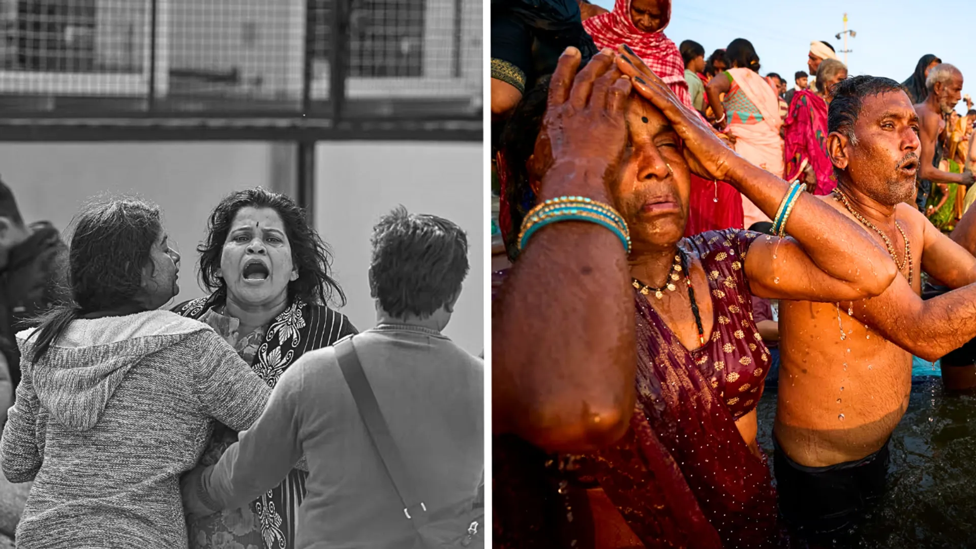 Relatives react outside a hospital mortuary in Prayagraj, meanwhile, pilgrims bathe in Prayagraj as the festival rites continue.
