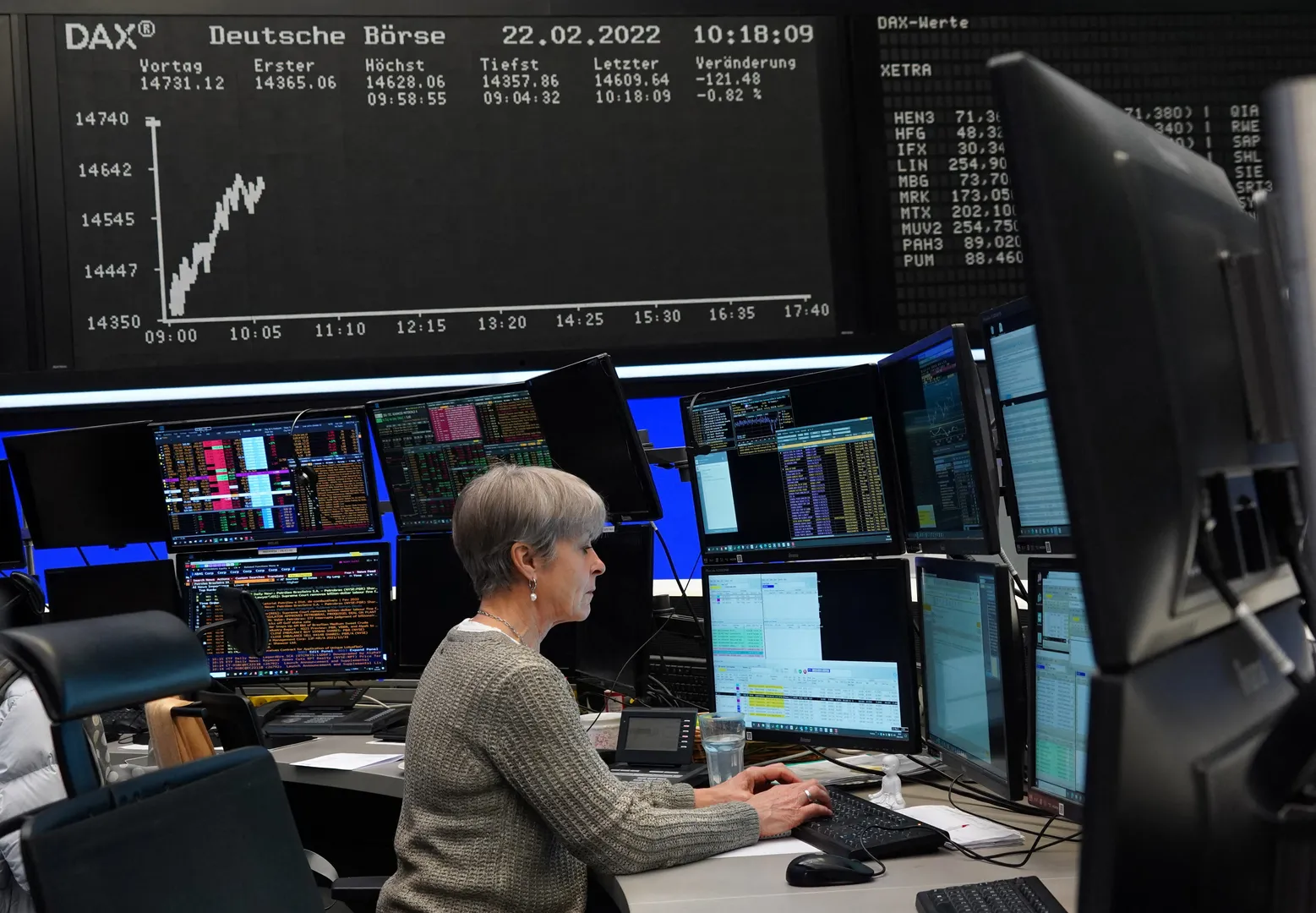 A trader works at the Frankfurt stock exchange in Frankfurt, Germany