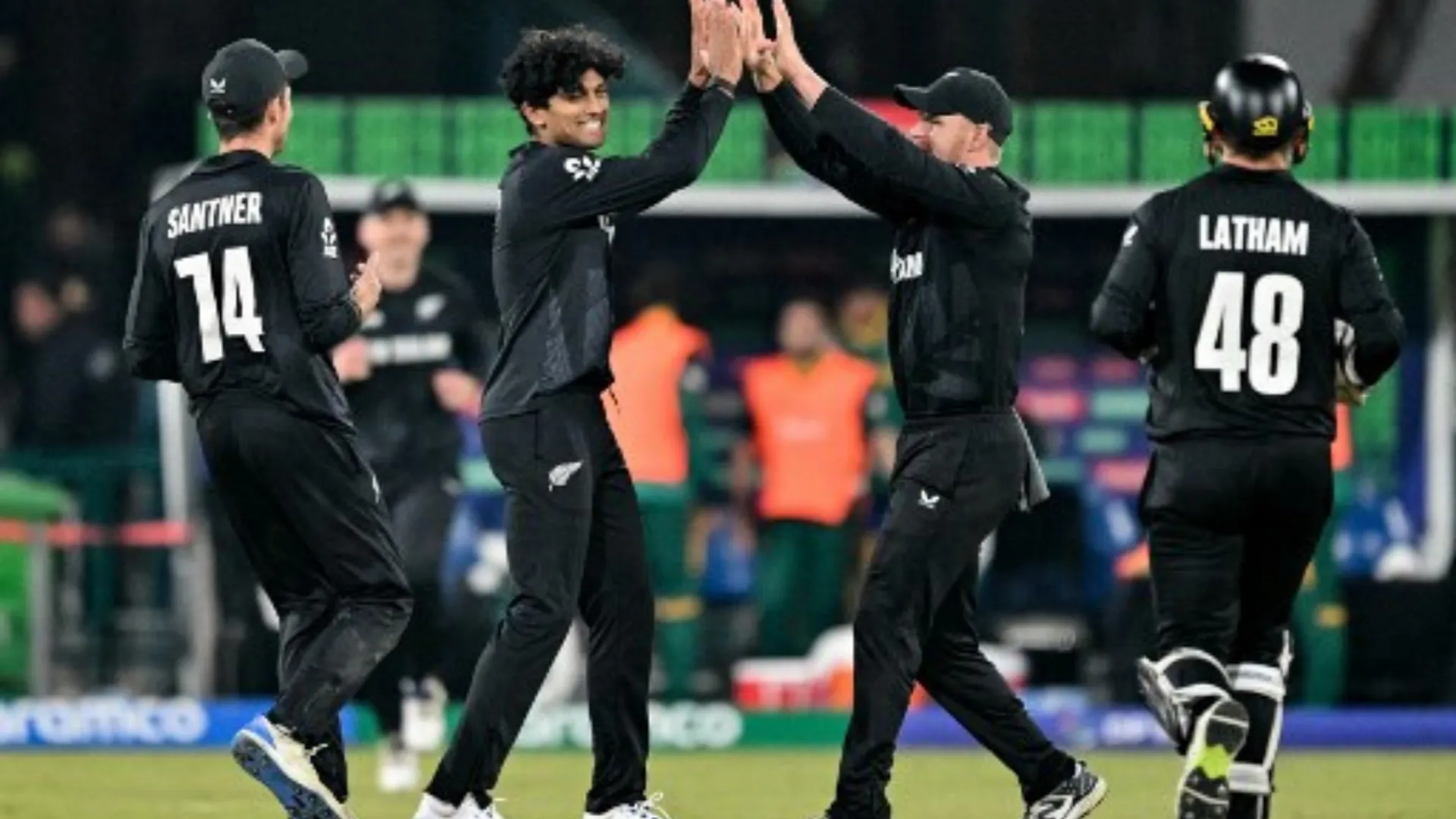 New Zealand players celebrate a wicket
