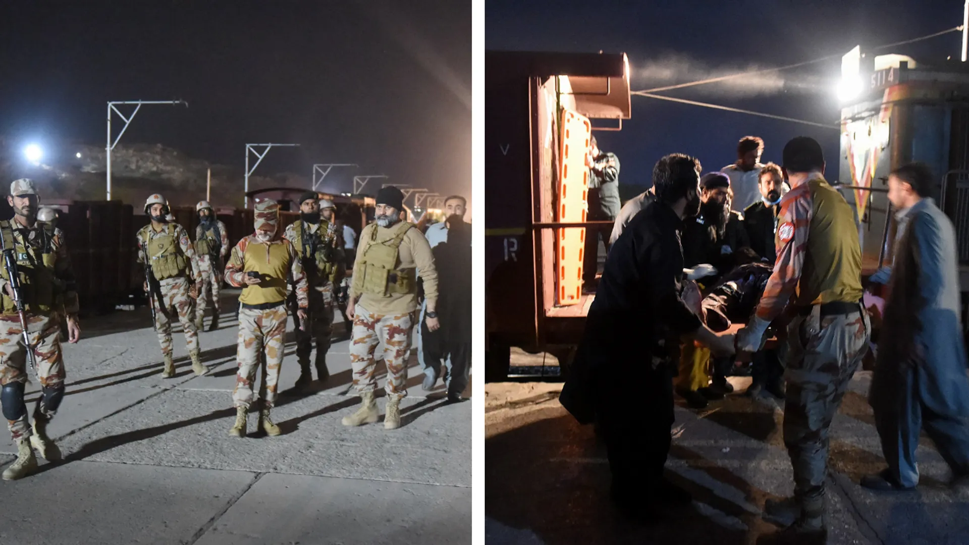Soldiers secure Mach railway station after Pakistani security forces freed some passengers following a security operation against armed militants who ambushed the train in the remote mountainous area, in Mach, southwestern Balochistan province on March 12, 2025