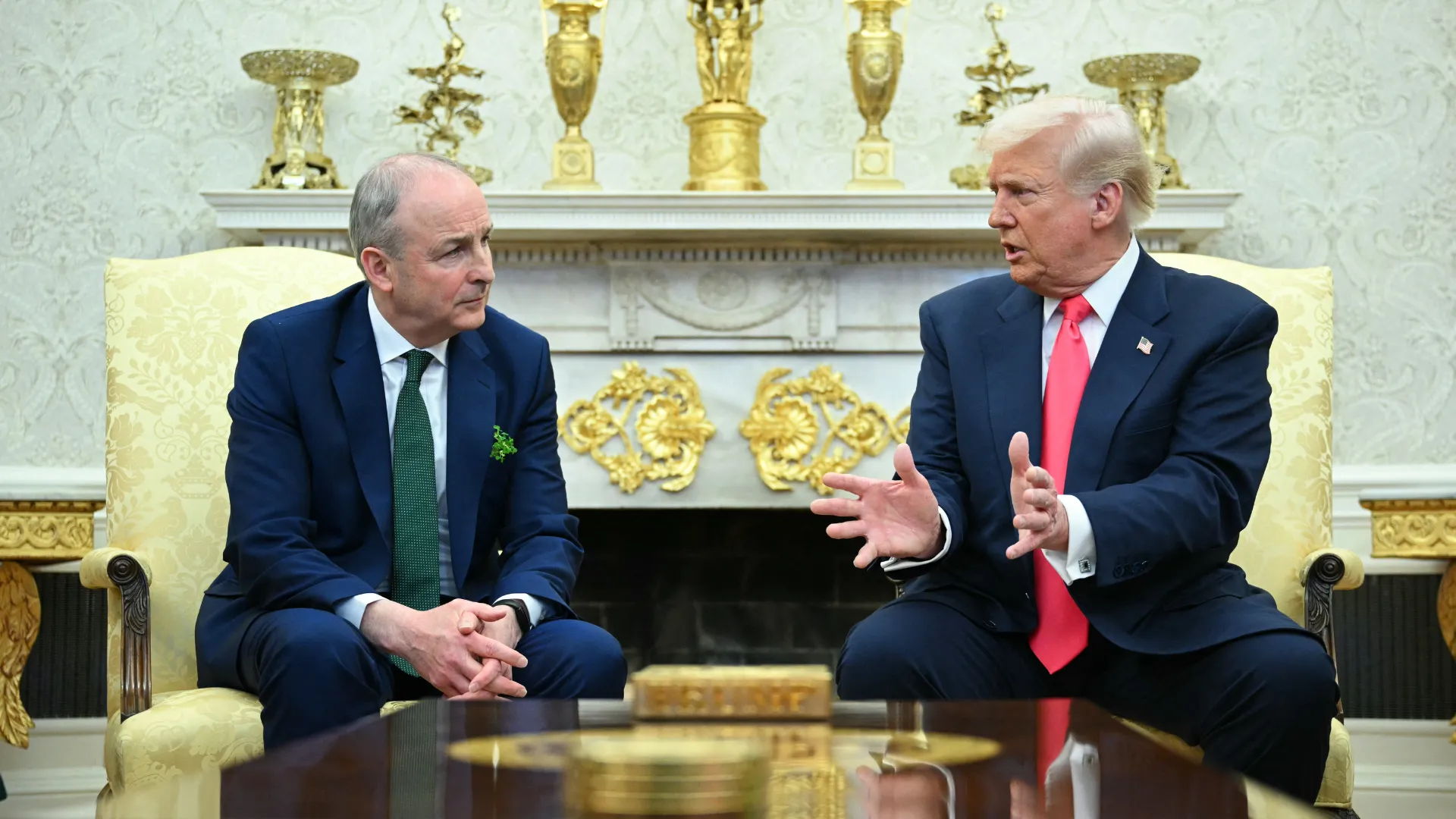 US President Donald Trump meets with Irish Prime Minister Micheal Martin in the Oval Office of the White House in Washington, DC, on March 12, 2025.