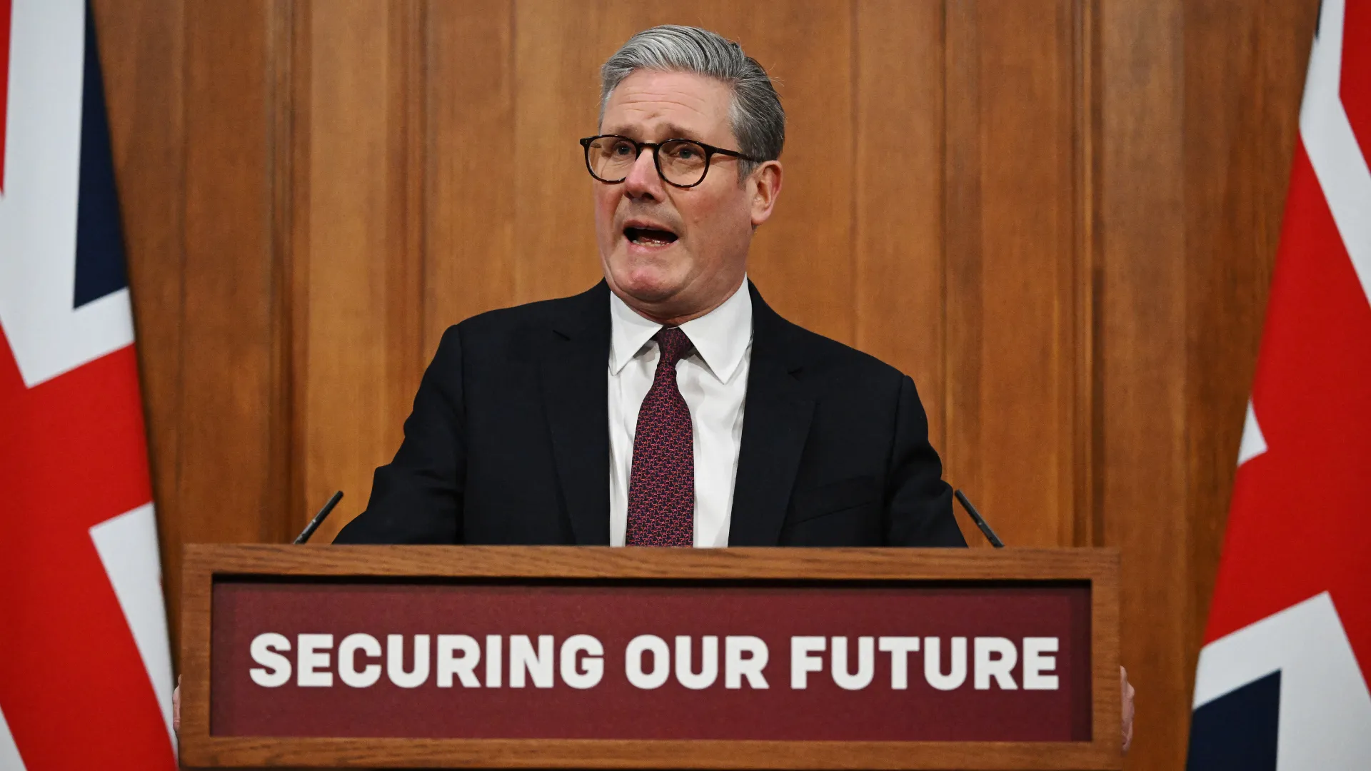 Britain's Prime Minister Keir Starmer holds a press conference in the Downing Street Briefing Room after hosting virtual meeting with international leaders to discuss support for Ukraine, in central London on March 15, 2025.