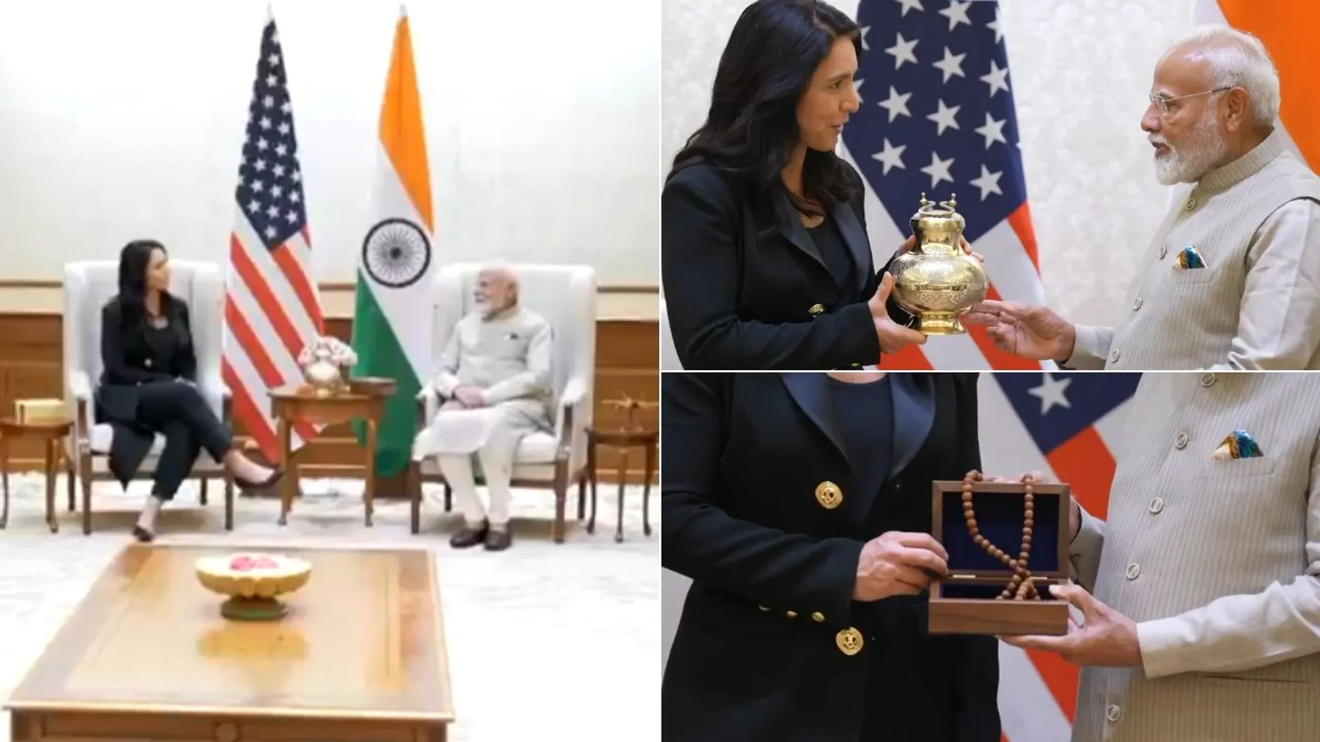 Prime Minister Narendra Modi and US Director of National Intelligence Tulsi Gabbard exchange special gifts during their meeting on Monday (Mar 17).