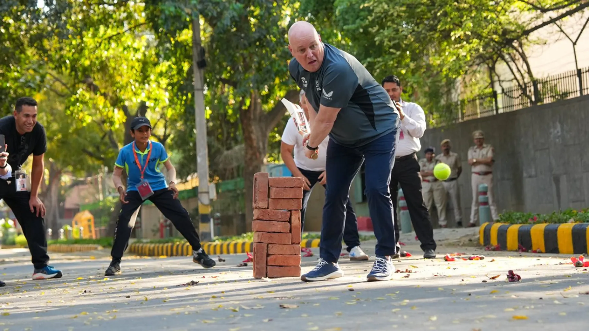 NZ PM Christopher Luxon plays gully cricket with Kapil Dev, Ross Taylor and Ajaz Patel in Delhi