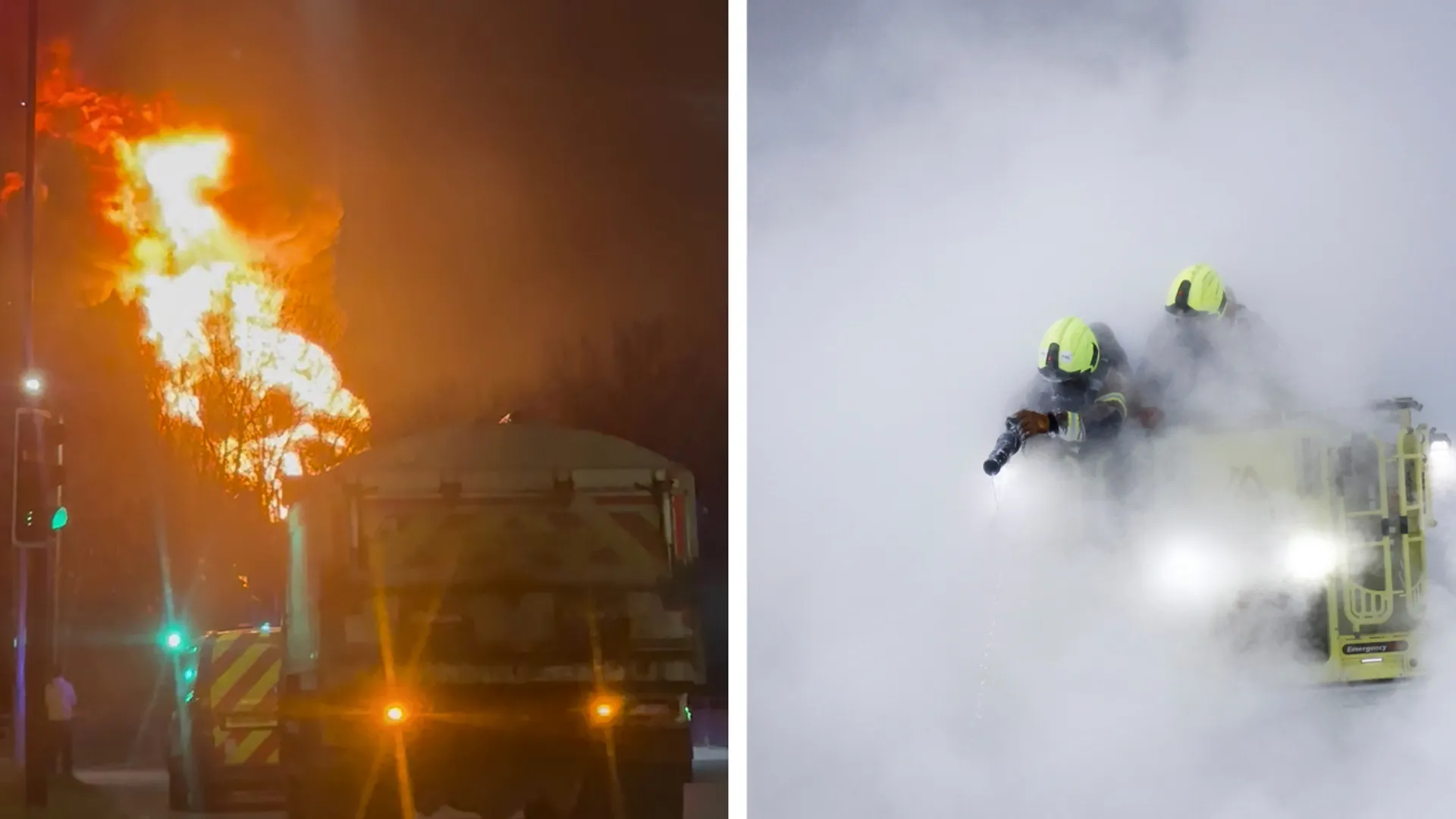 Firefighters douses flames of a fire that broke out at a substation supplying power to Heathrow Airport in Hayes, west London on March 21, 2025.