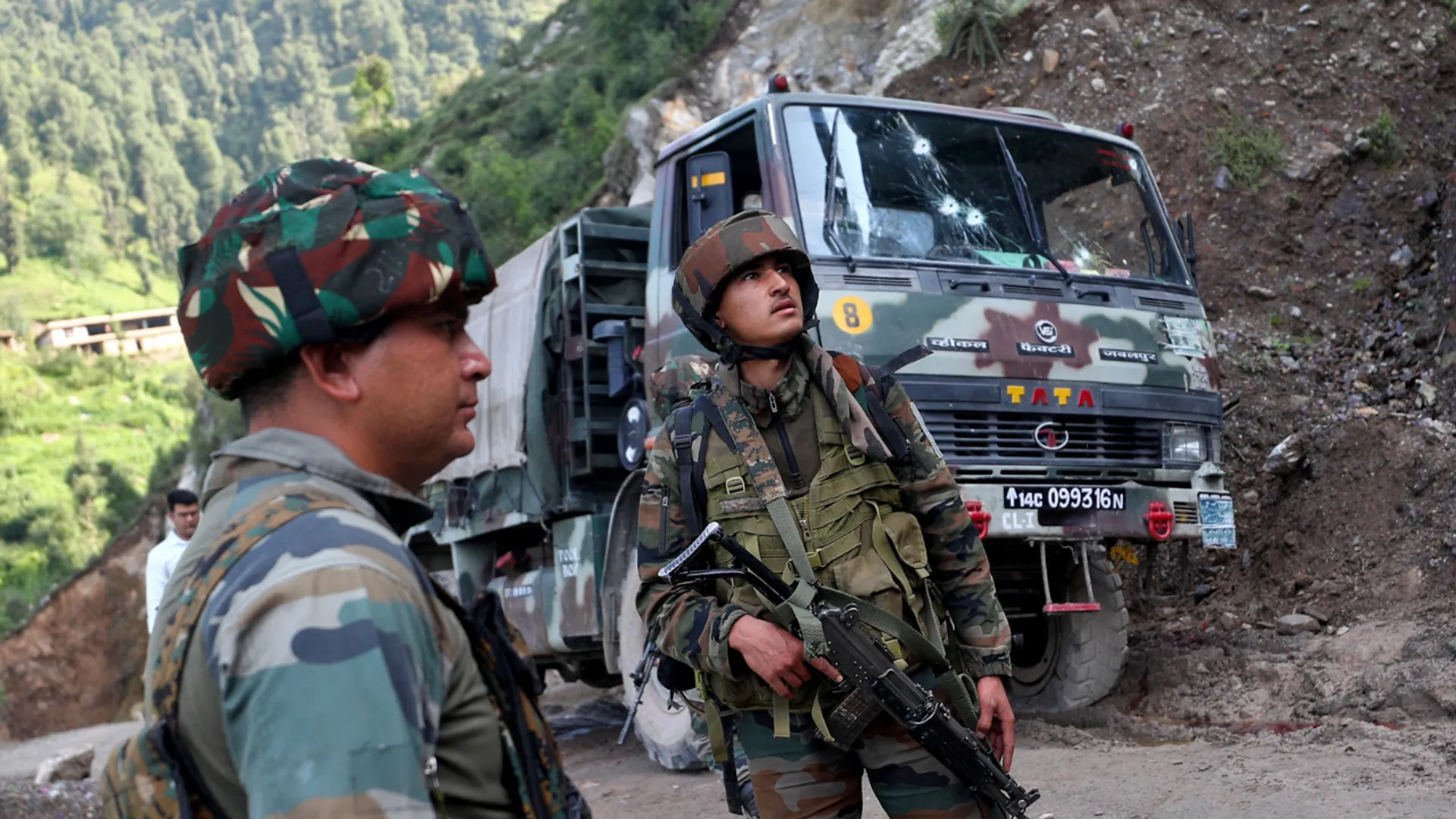 File Photo: Soldiers stand next to a vehicle after an attack by suspected militants on an Indian Army convoy in Kathua district of Jammu and Kashmir, July 9, 2024.