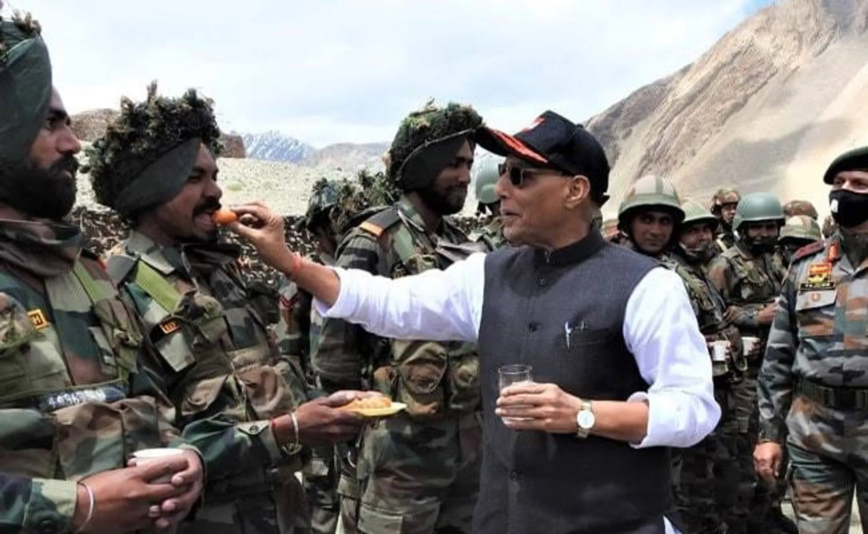 Defence Minister Rajnath Singh addresses troops at Lukung, Ladakh