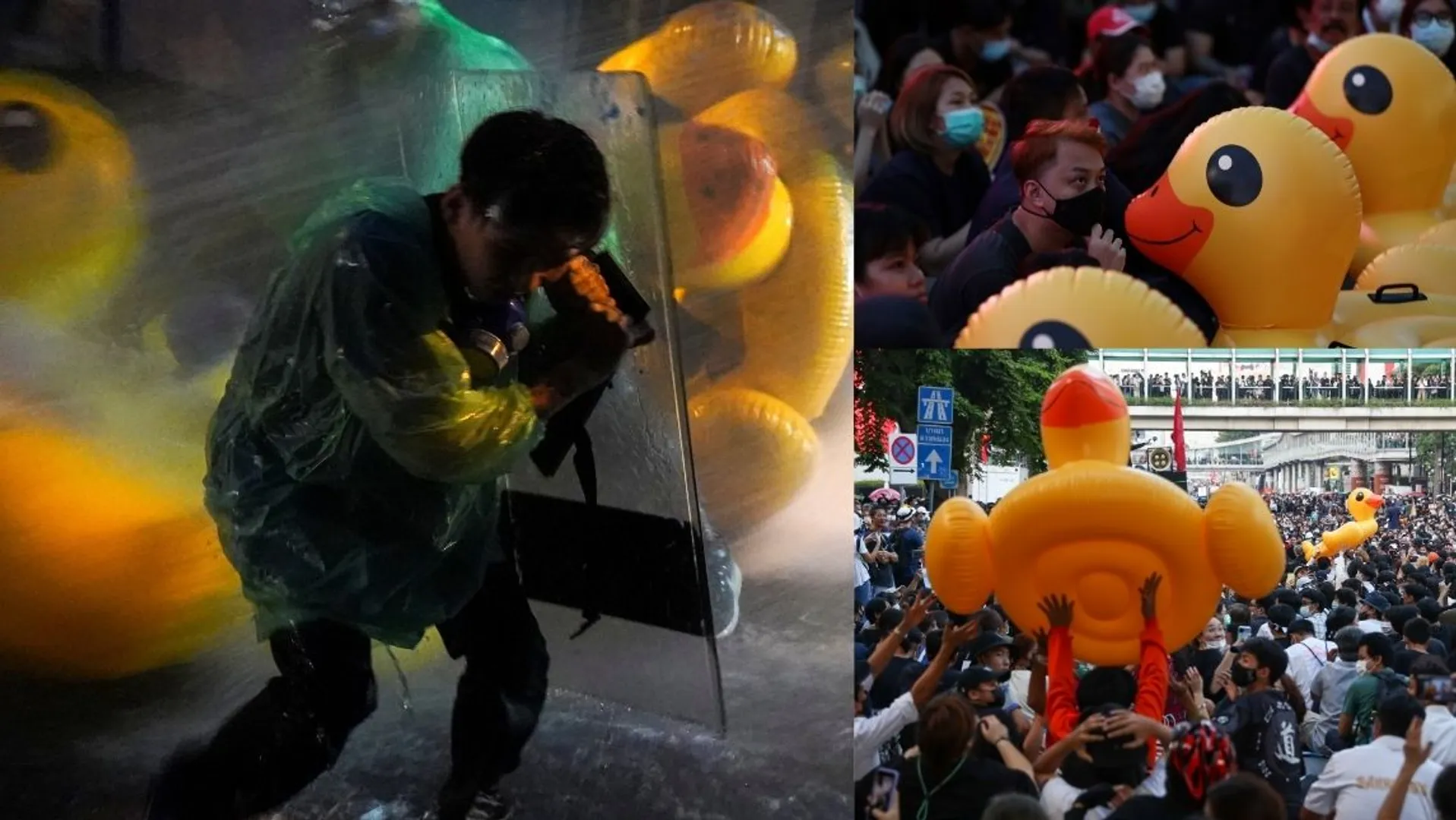 Thai protesters' answer to water cannons: Inflatable yellow pool ducks