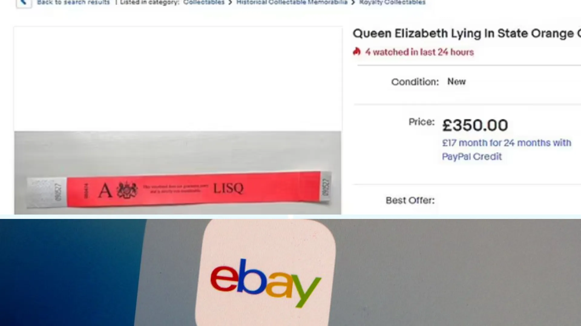 Wristbands required to attend Queen's lying in state being sold on eBay for as much as $400