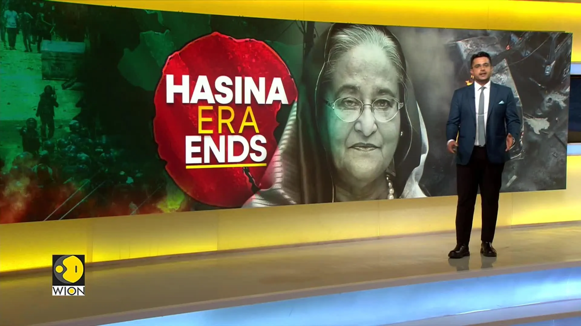 Crowds swarm Sheikh Hasina's private residence as she resigns and flies out of country amid protests