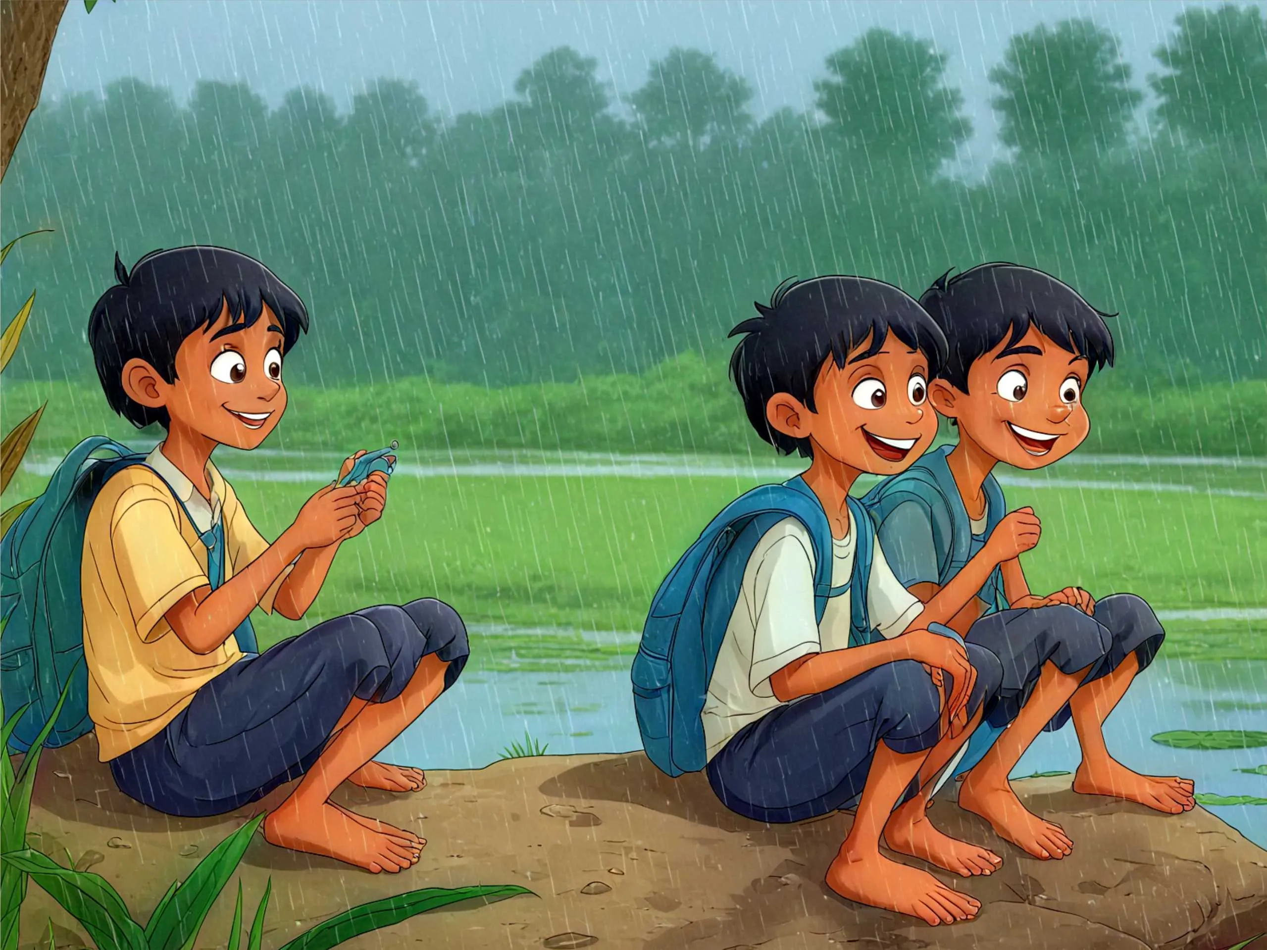 cartoon image of school boys near a pond