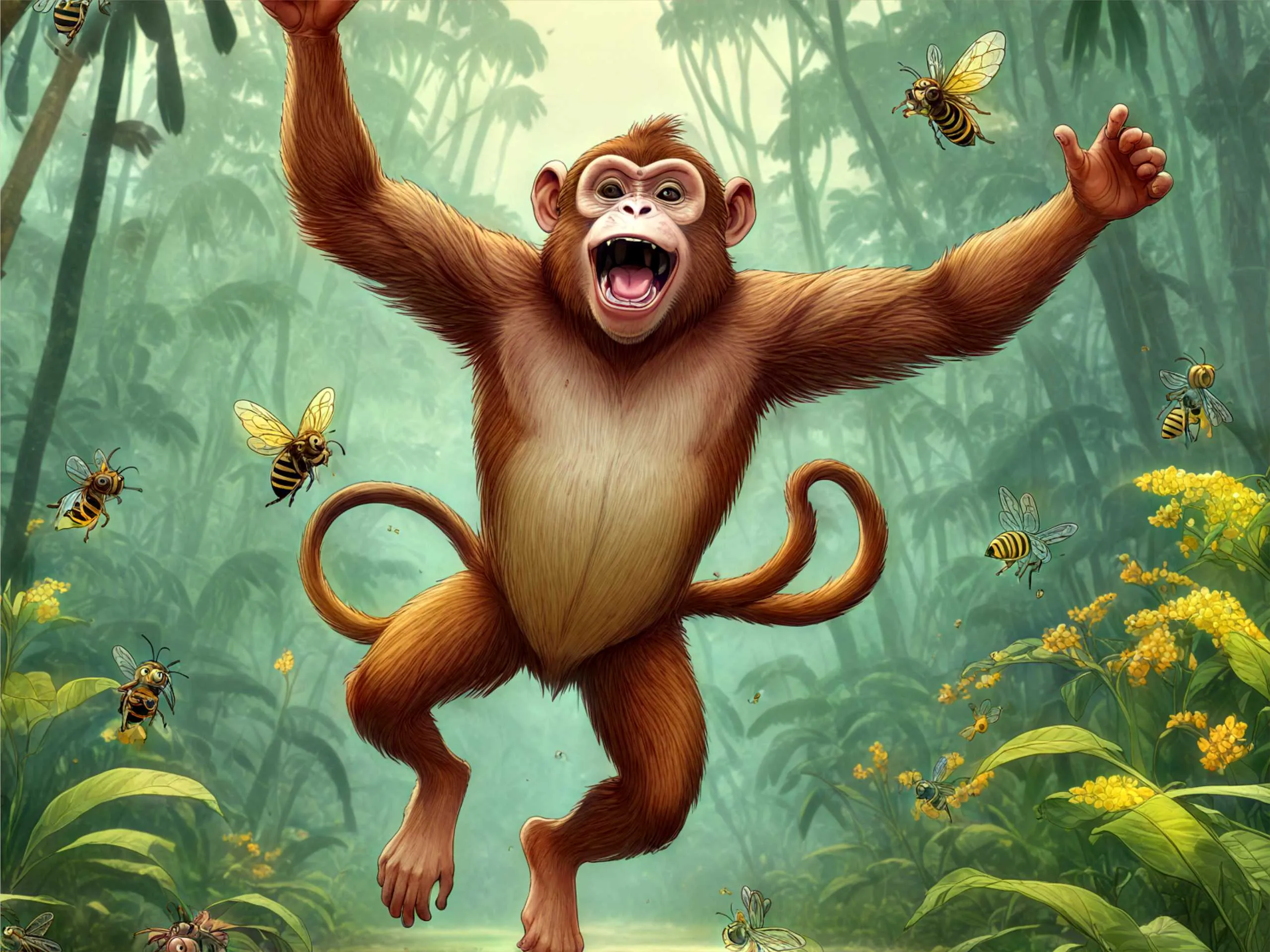 cartoon image of a monkey attcked by honey bees in jungle