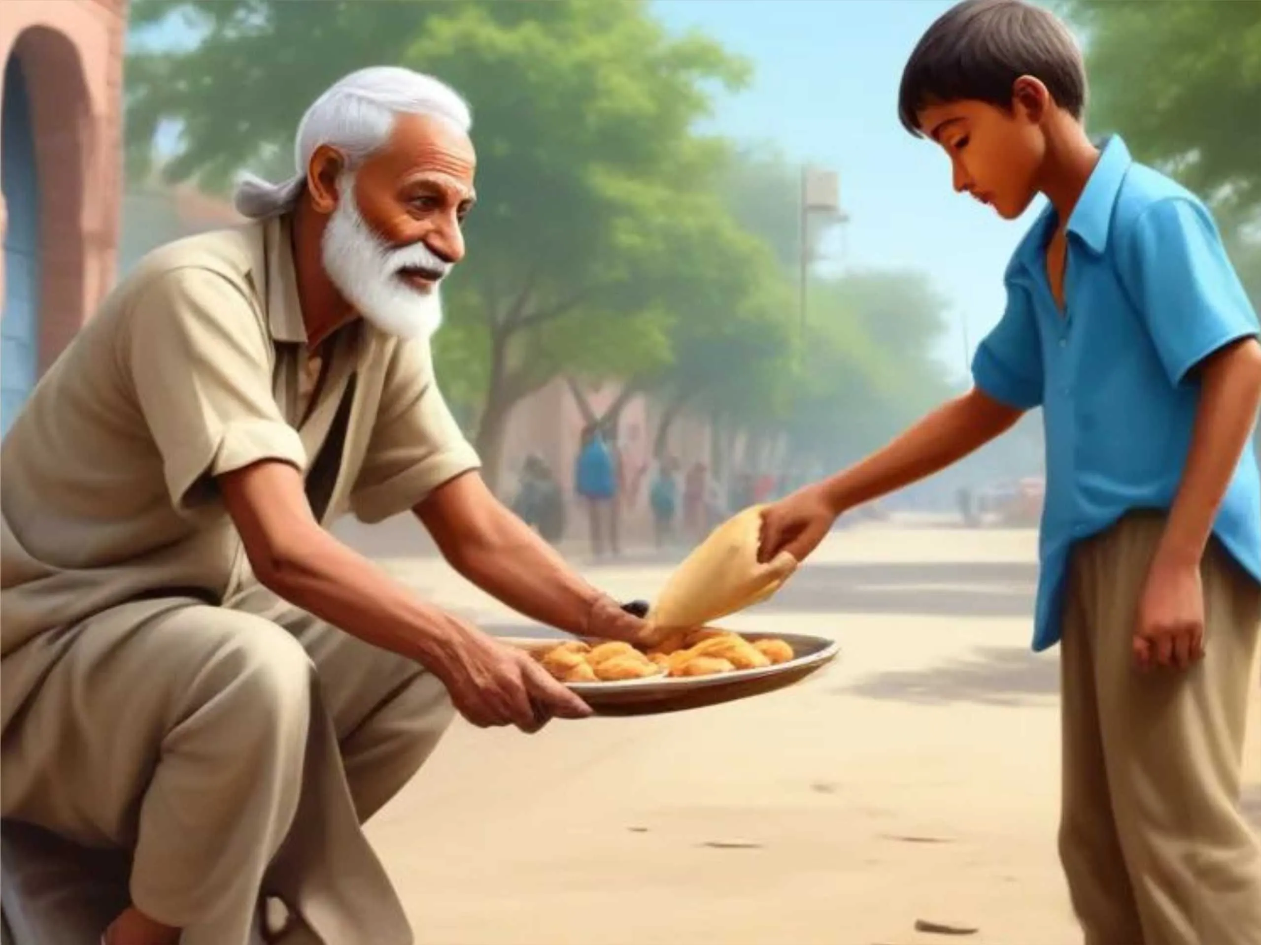 Boy giving food to a beggar cartoon image