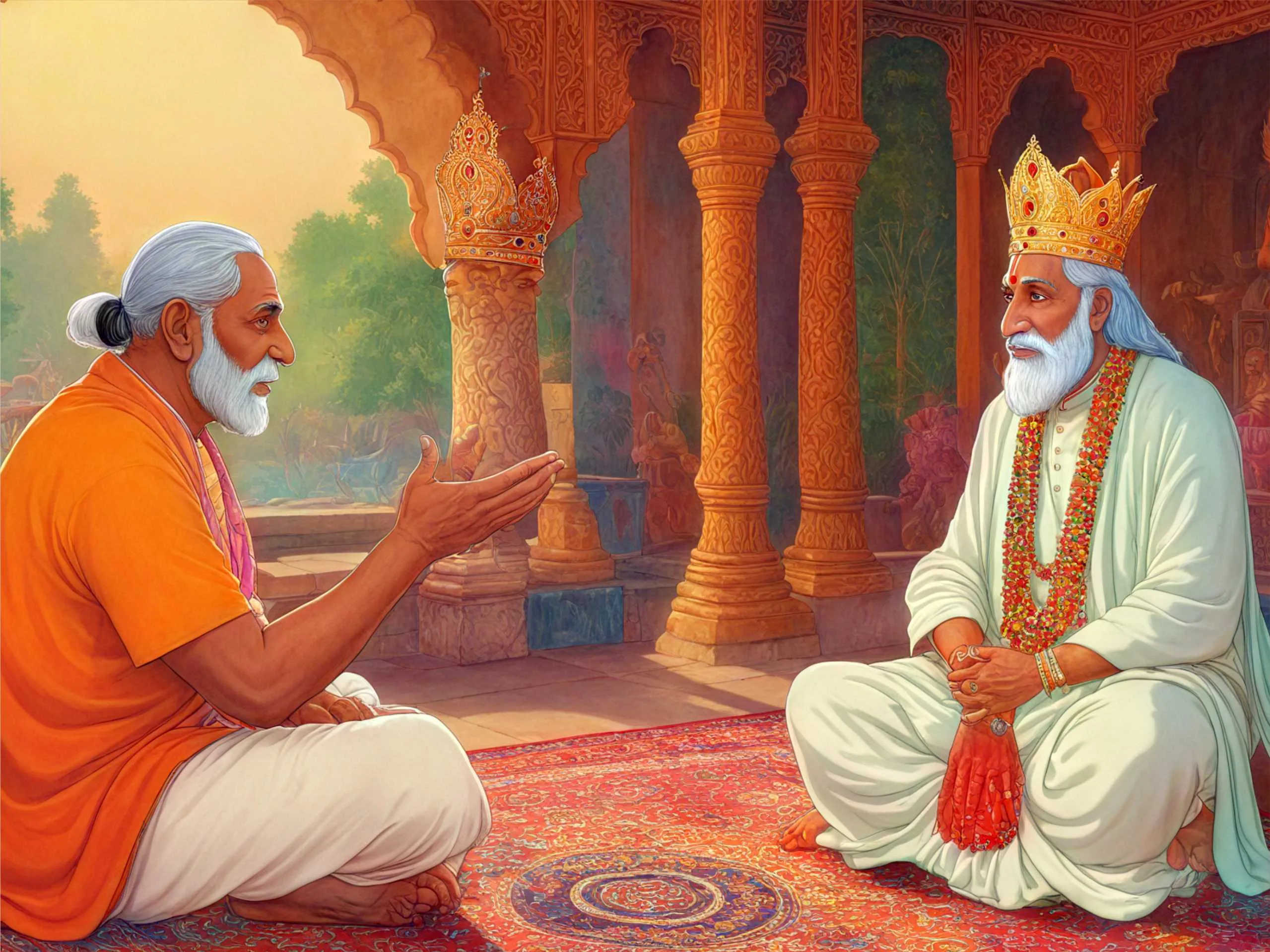 cartoon image of a king talking to a saint