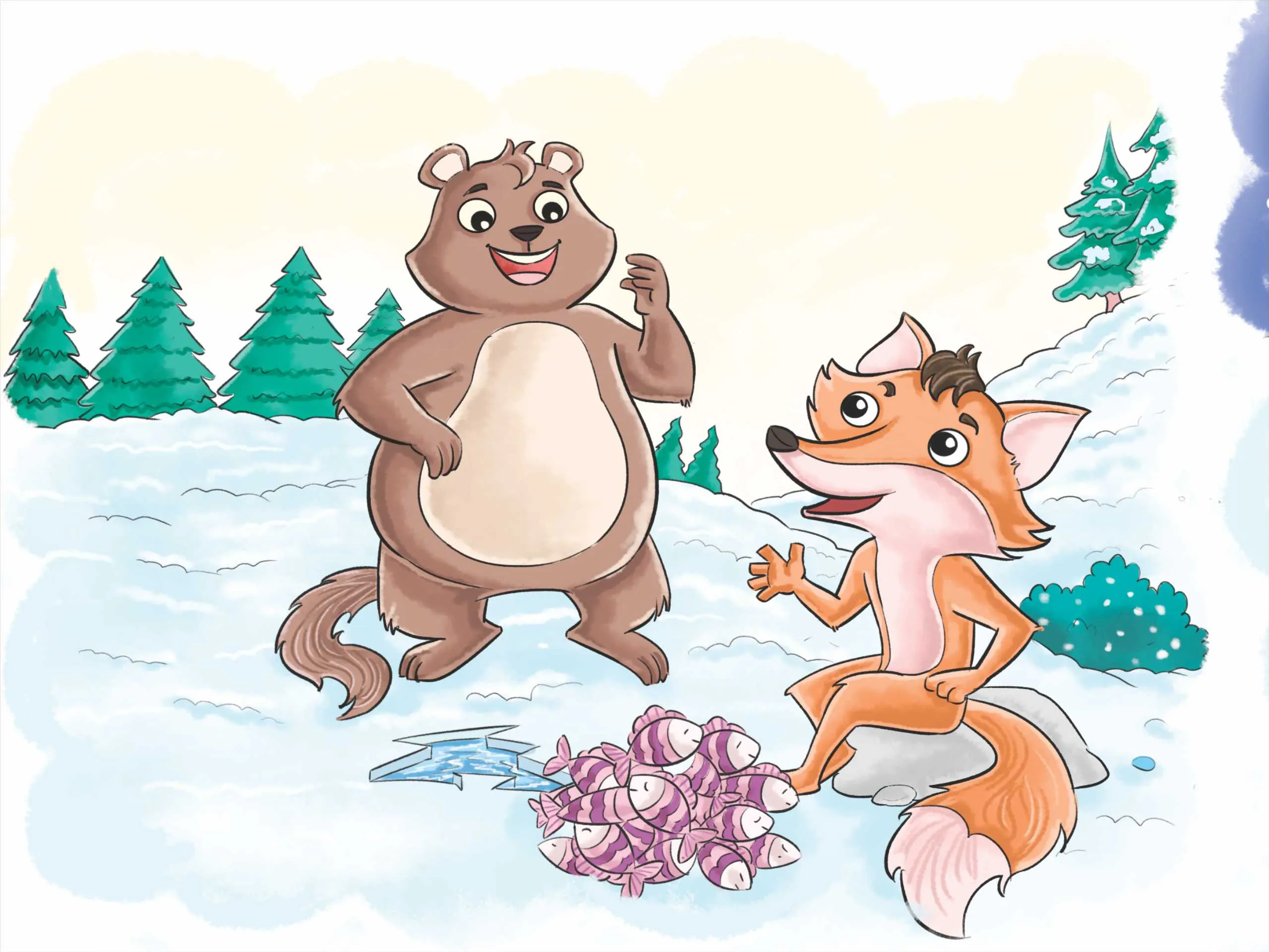 Cartoon image of a bear and fox