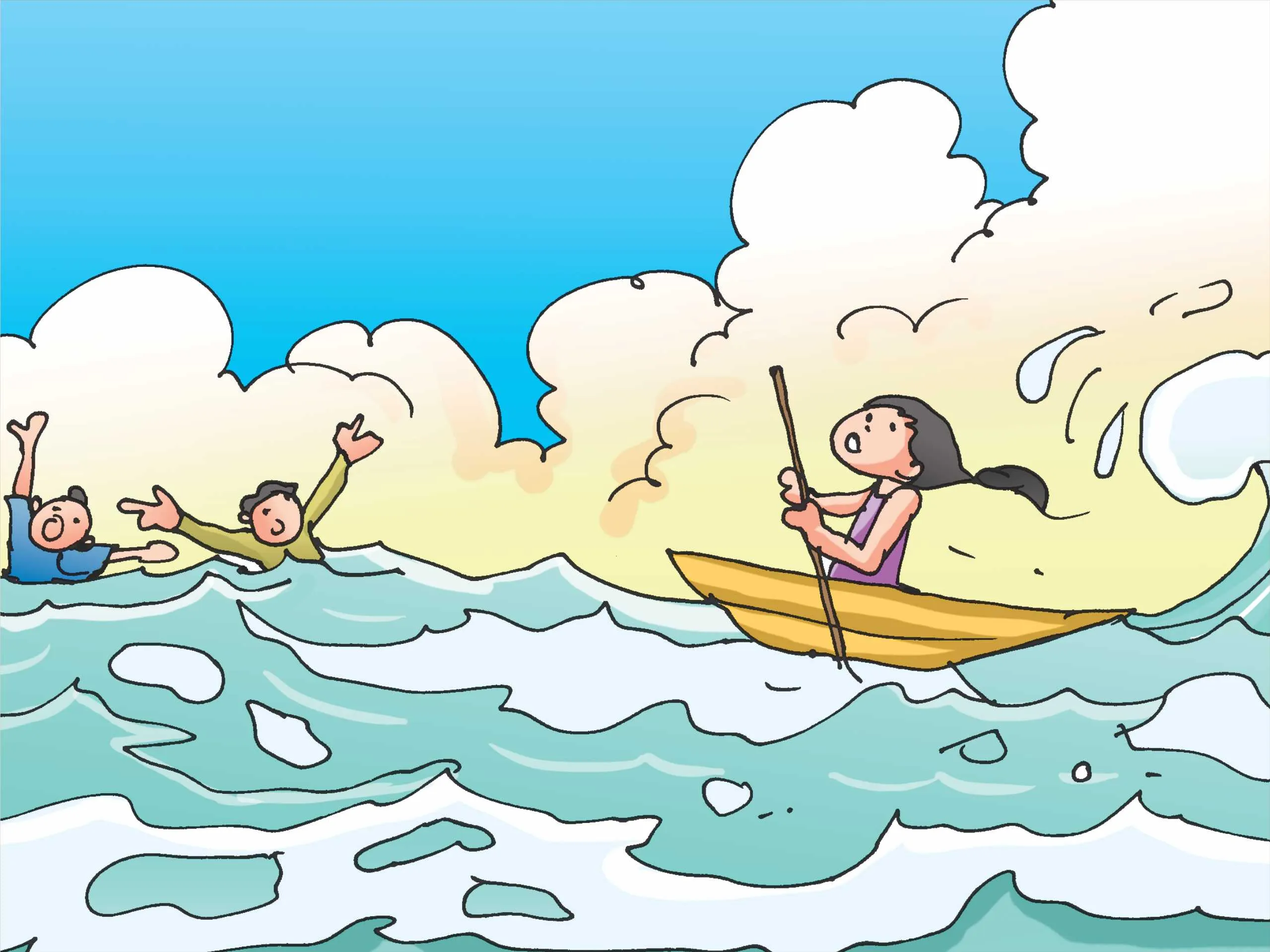 Little Girl Rowing A Boat In Sea During Bad Weather for saving lives cartoon image