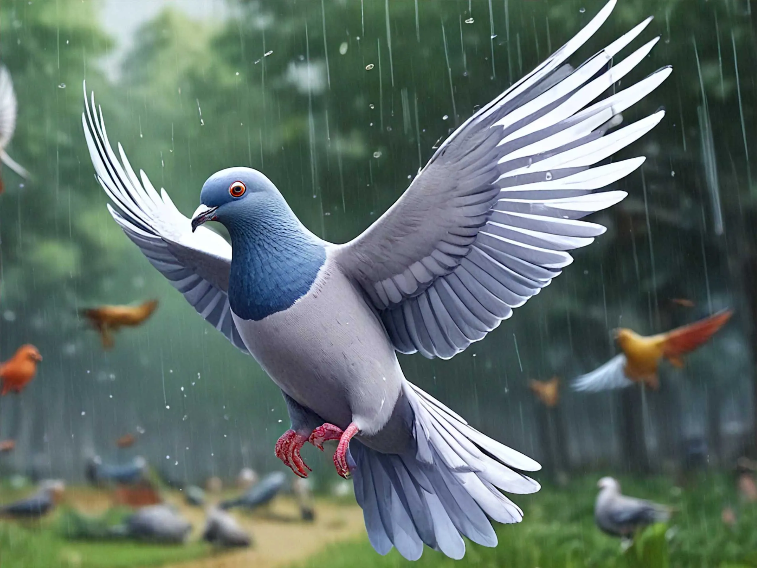 cartoon image of jungle birds in rain