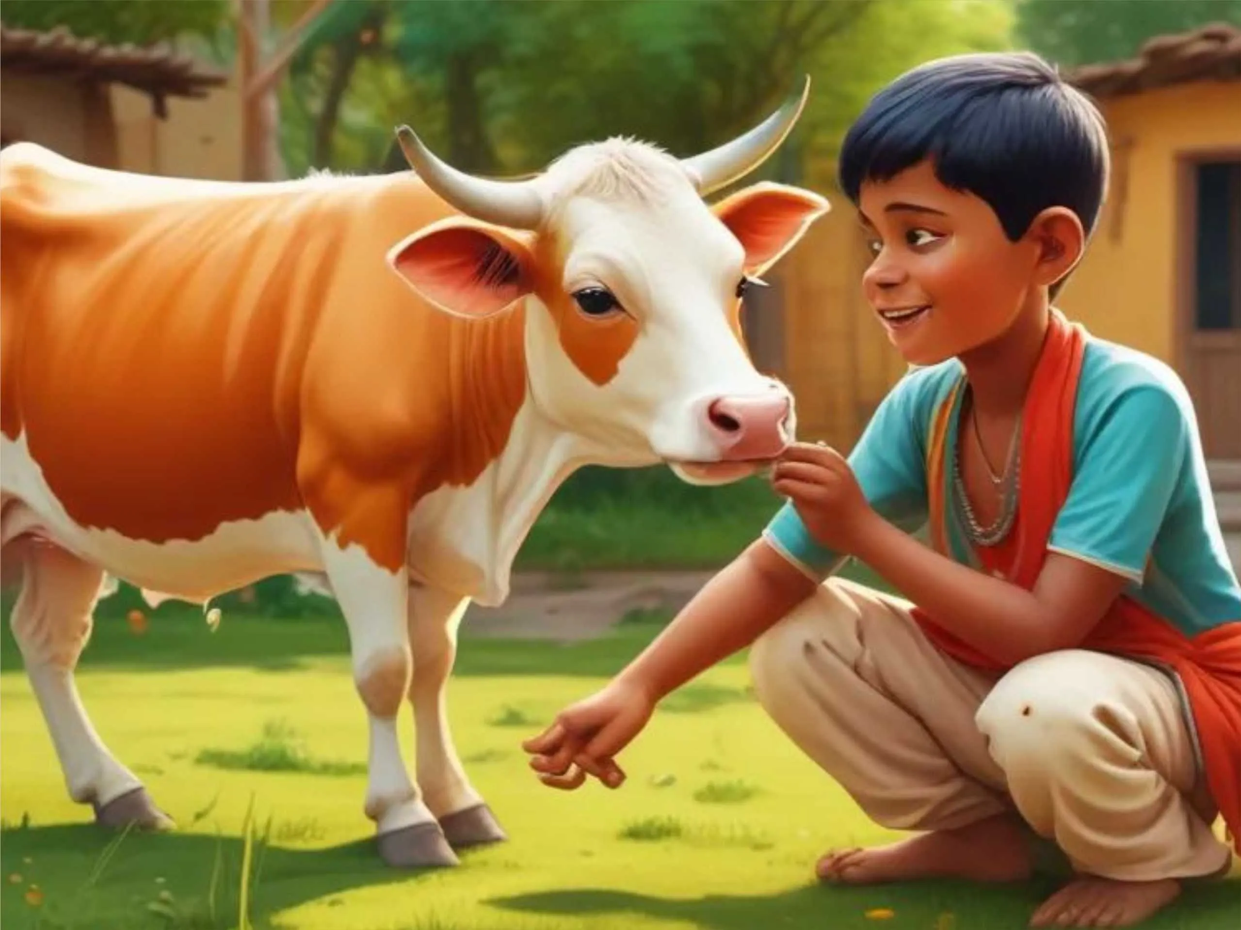Cartoon image of and indian village boy playing with a cow