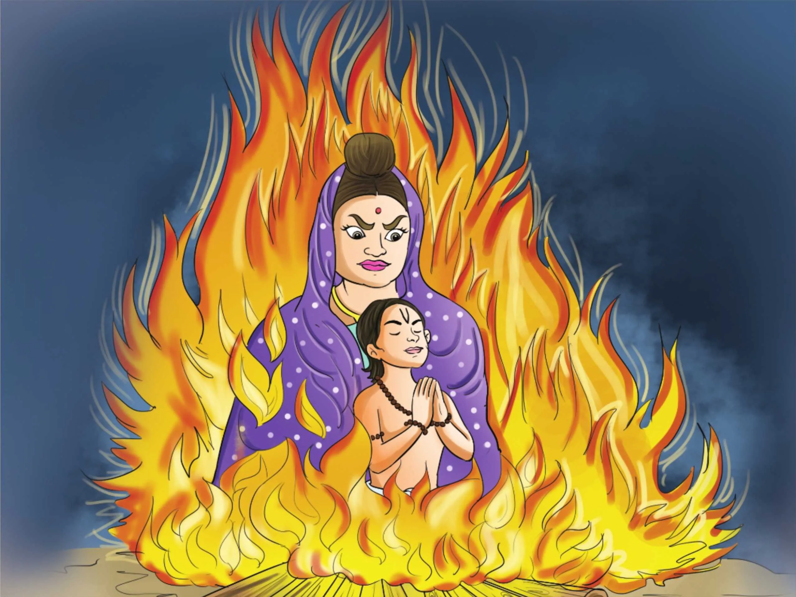holika with prahlad sitting on fire cartoon image