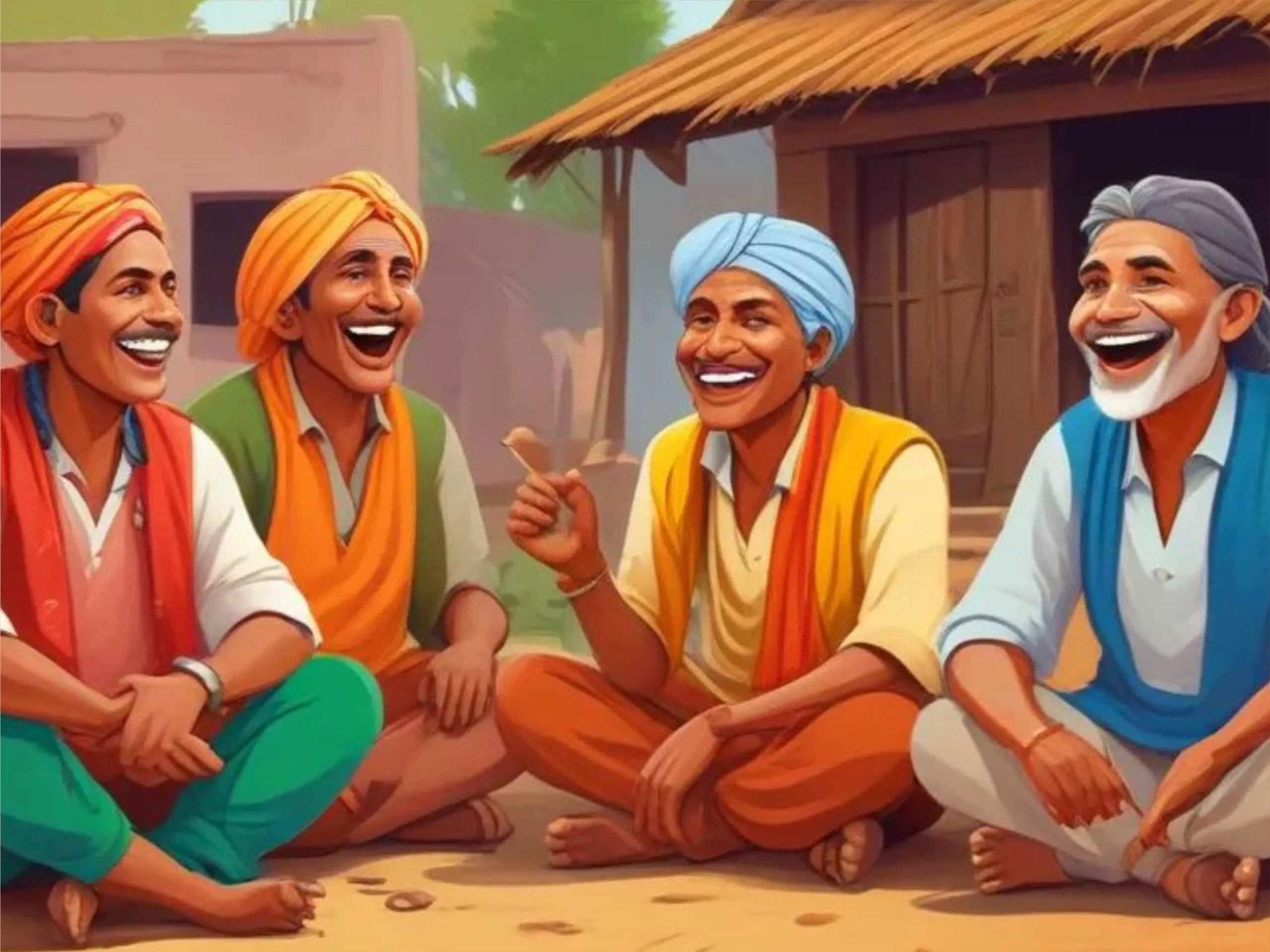 cartoon image of Indian farmers talking and laughing