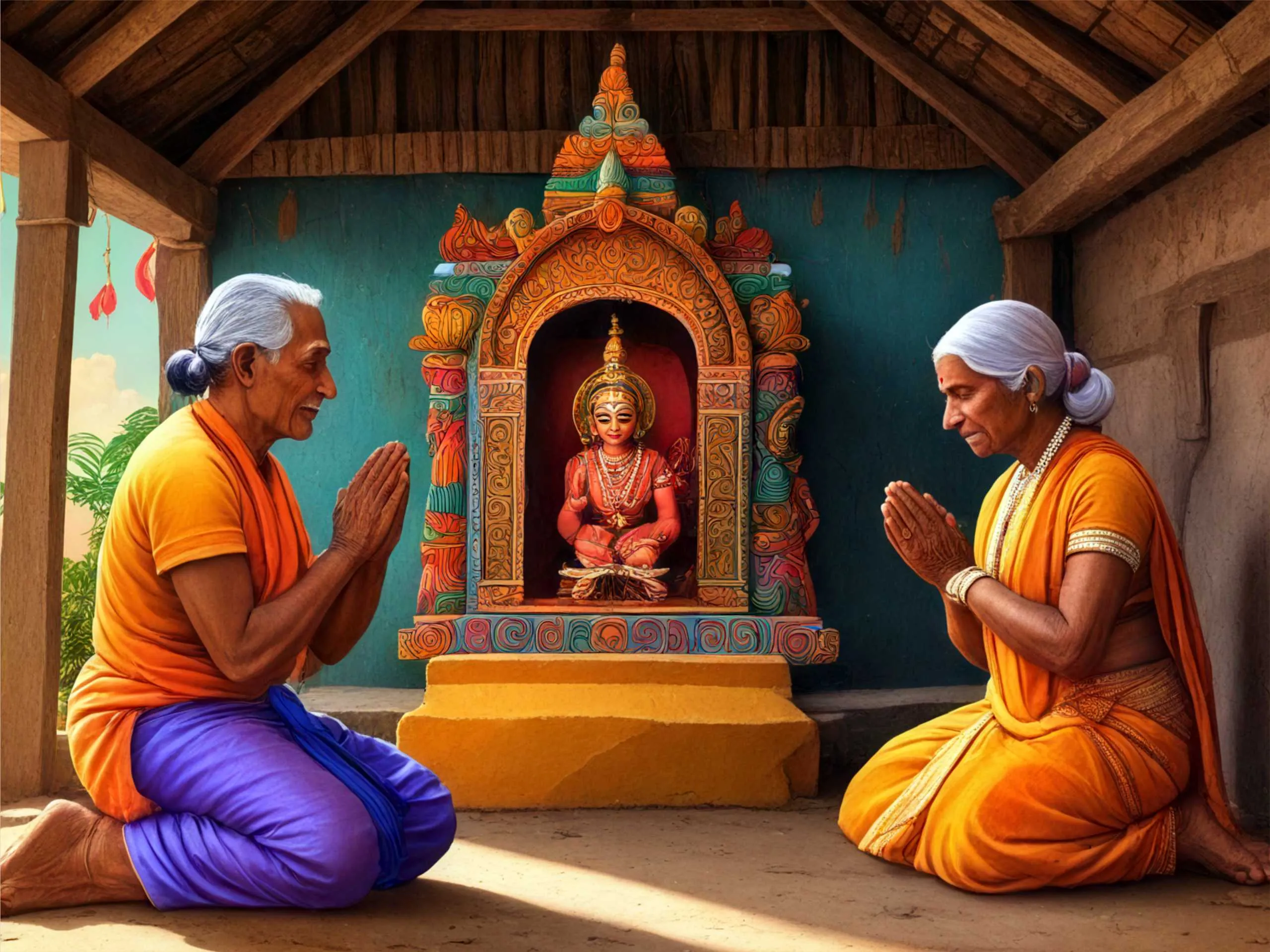 cartoon image of an Indian couple doing prayer