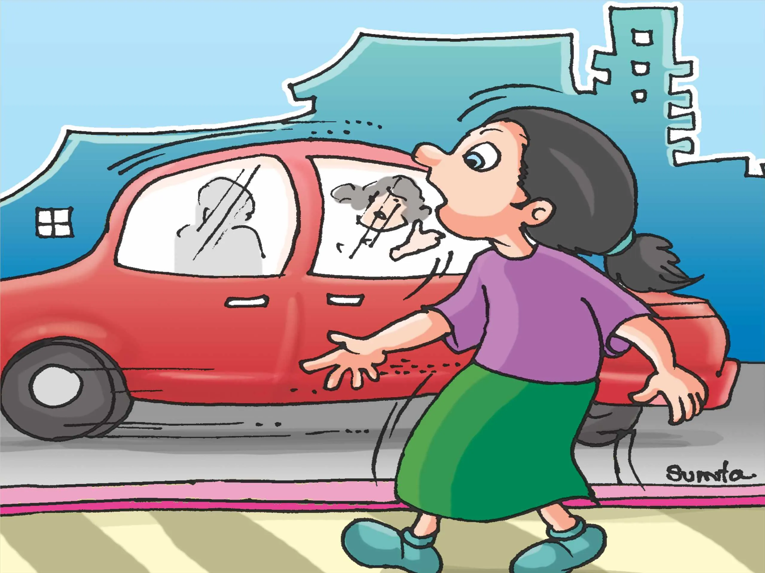 Girl Escaping from Accident Cartoon Image