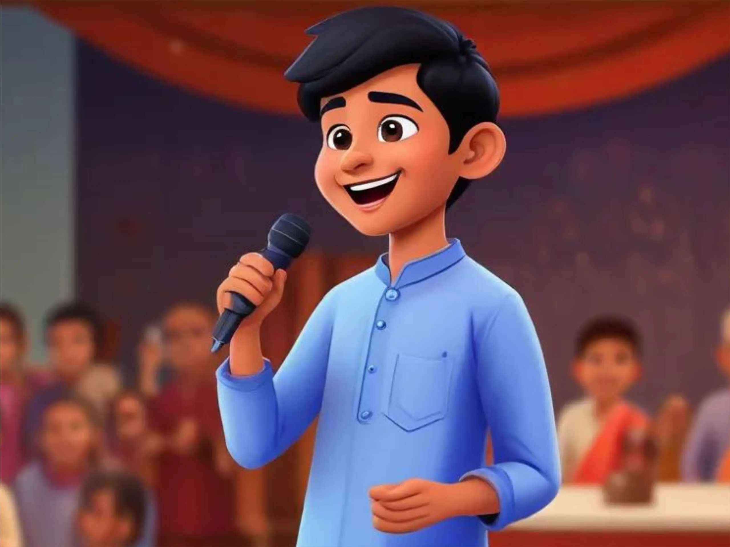 School boy giving speech on stage cartoon image