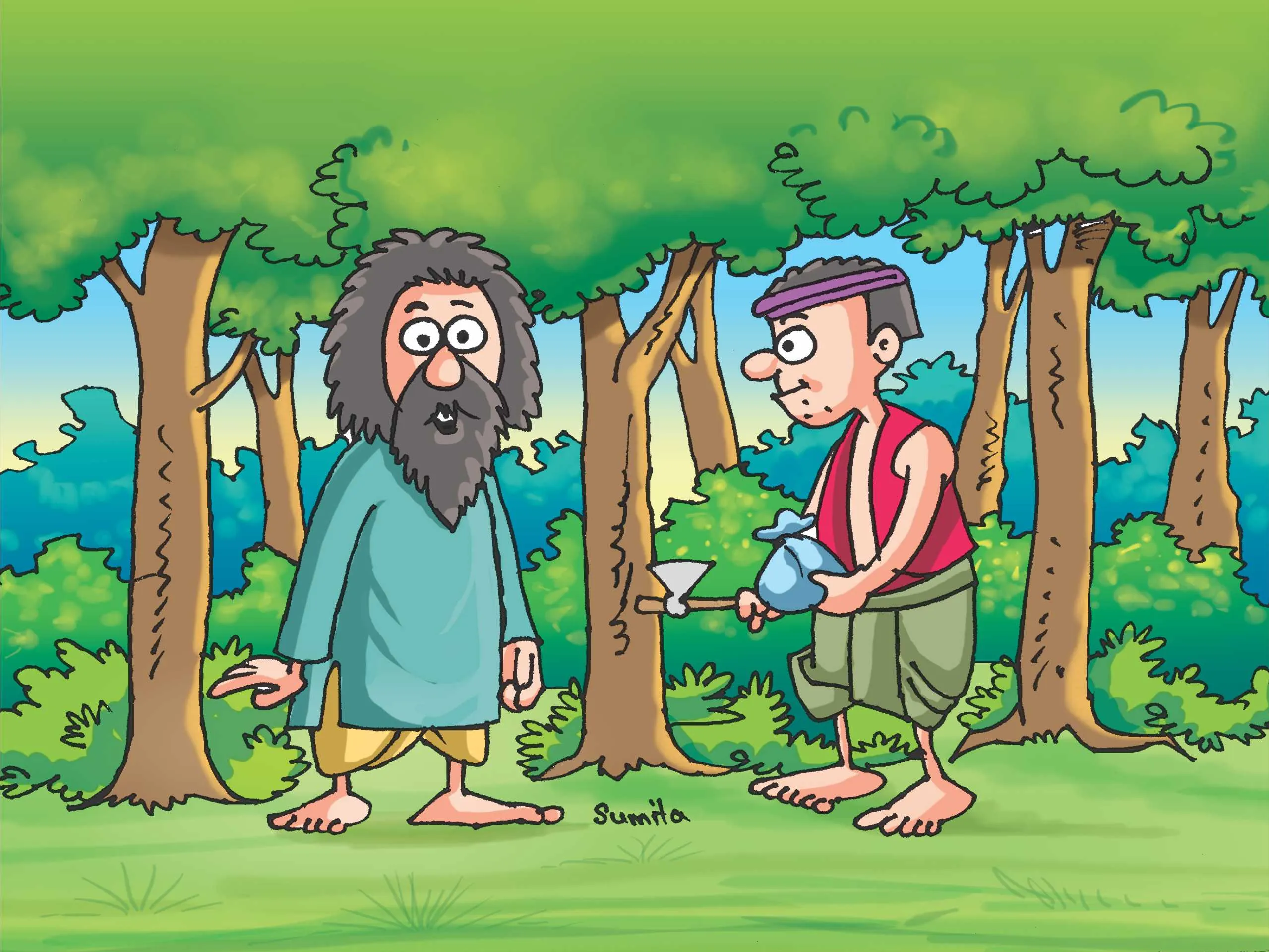 Sadhu and Woodcutter talking Cartoon image