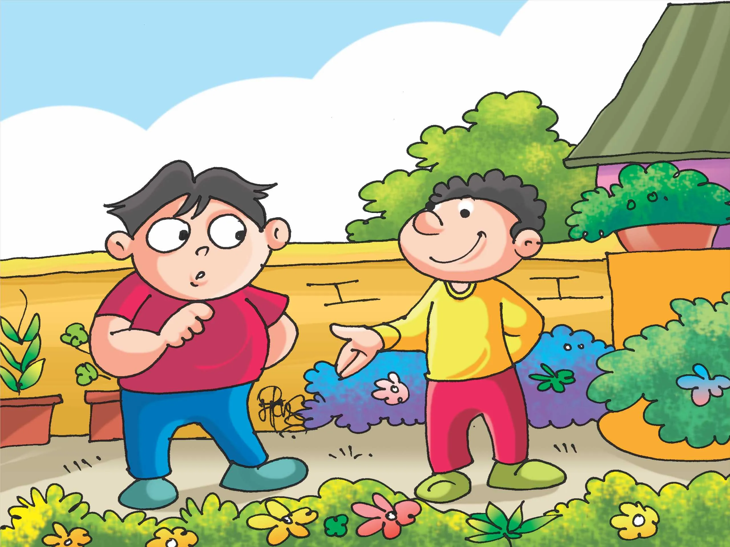 Two Kids Talking in garden cartoon image