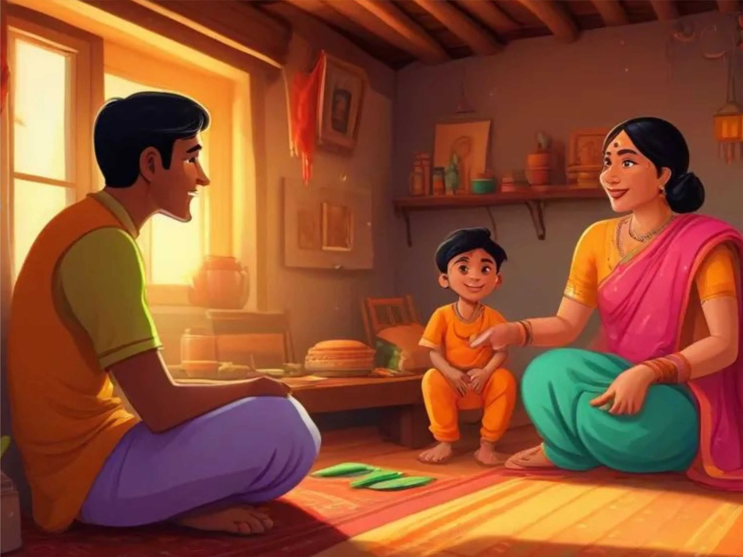 cartoon image of indian village boy with his parents