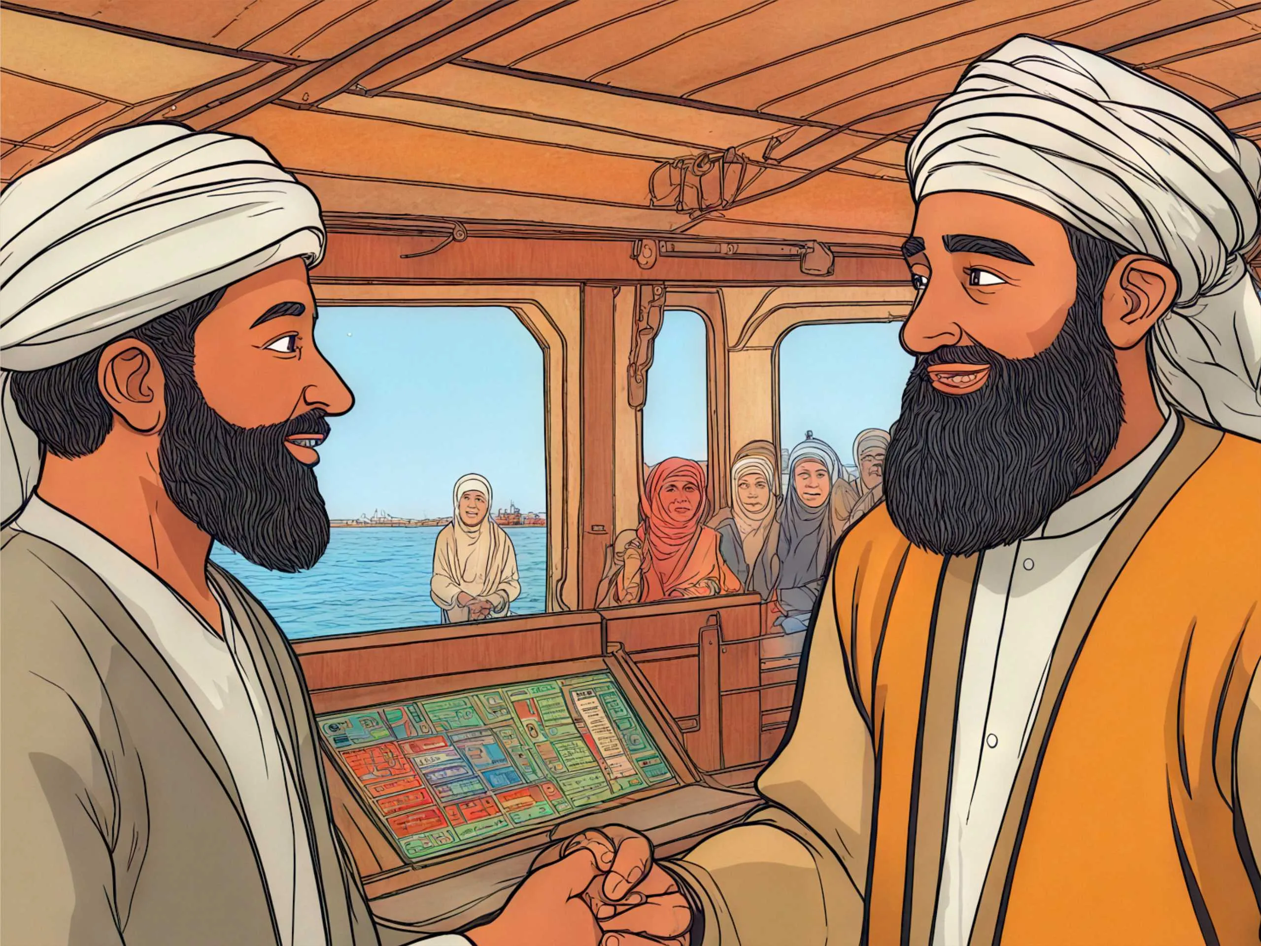 cartoon image of a man travelling on a ship