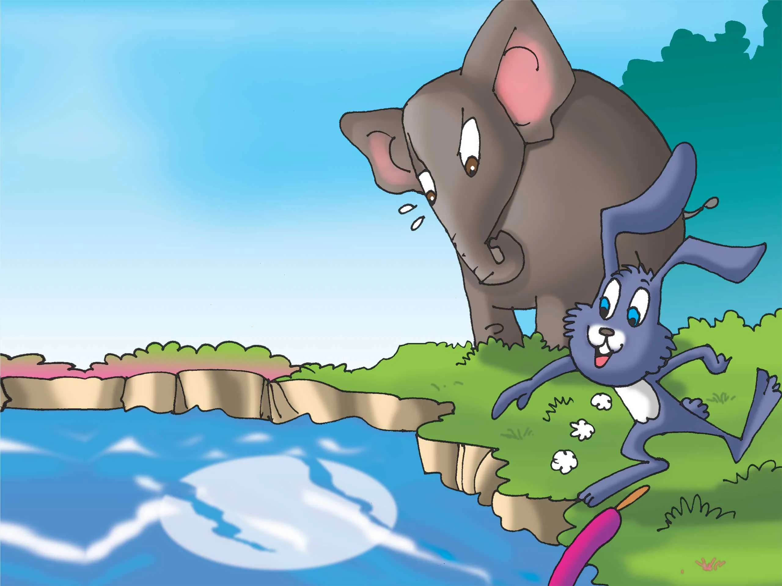 Elephant and Rabbit near a pond Cartoon image