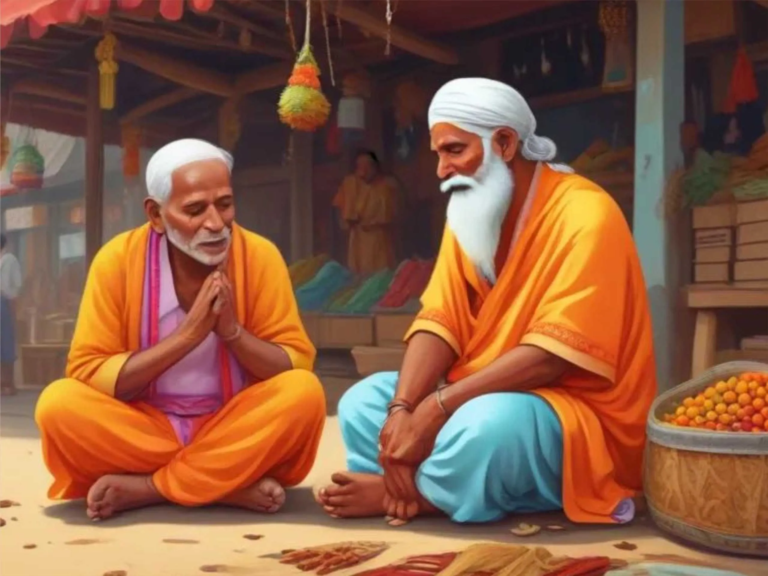 cartoon image of an Indian Saint with his divotee