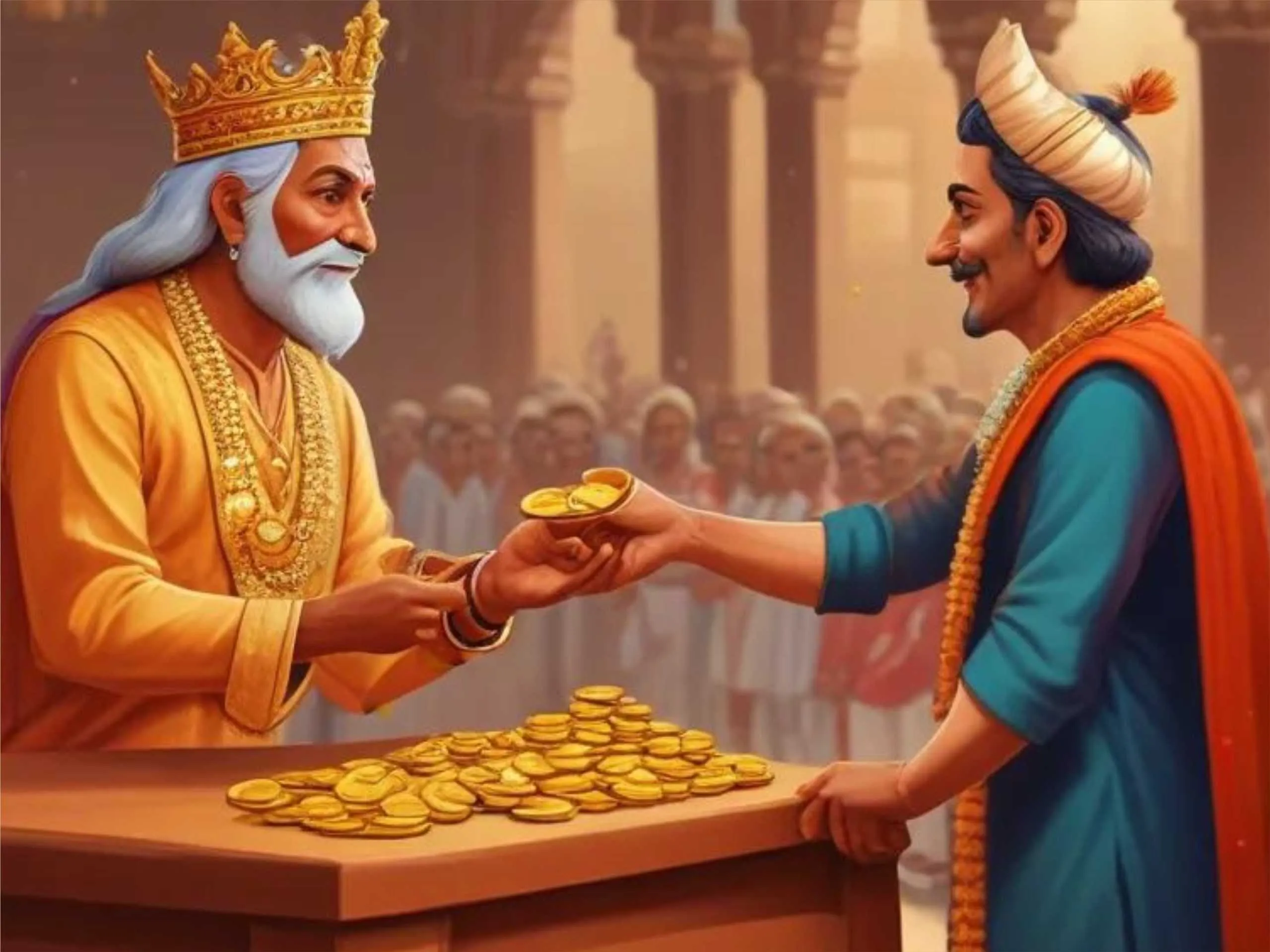 king giving gold coins to a man cartoon image