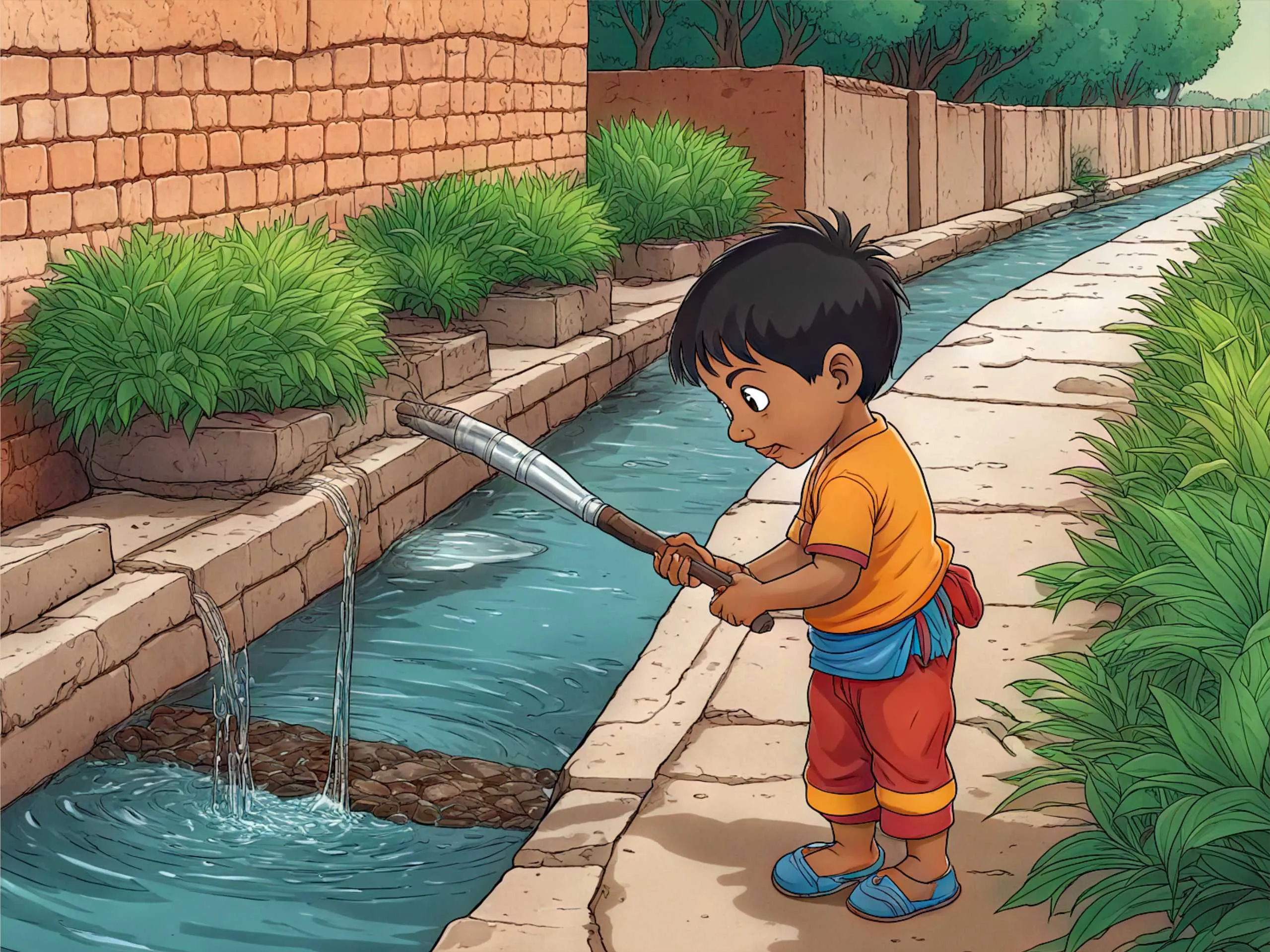 cartoon image of a kid near a drain