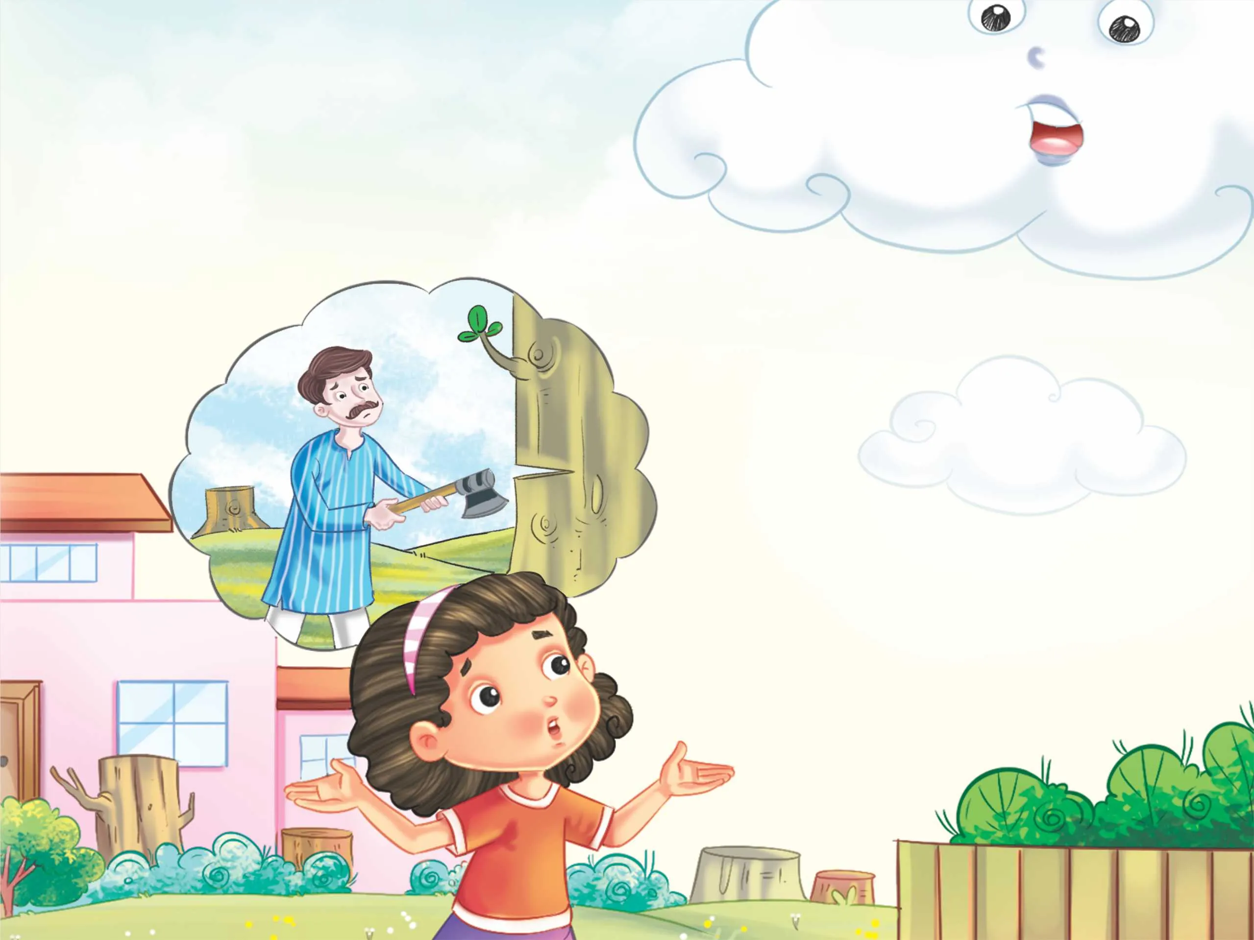 cartoon image of a girl talking to a cloud