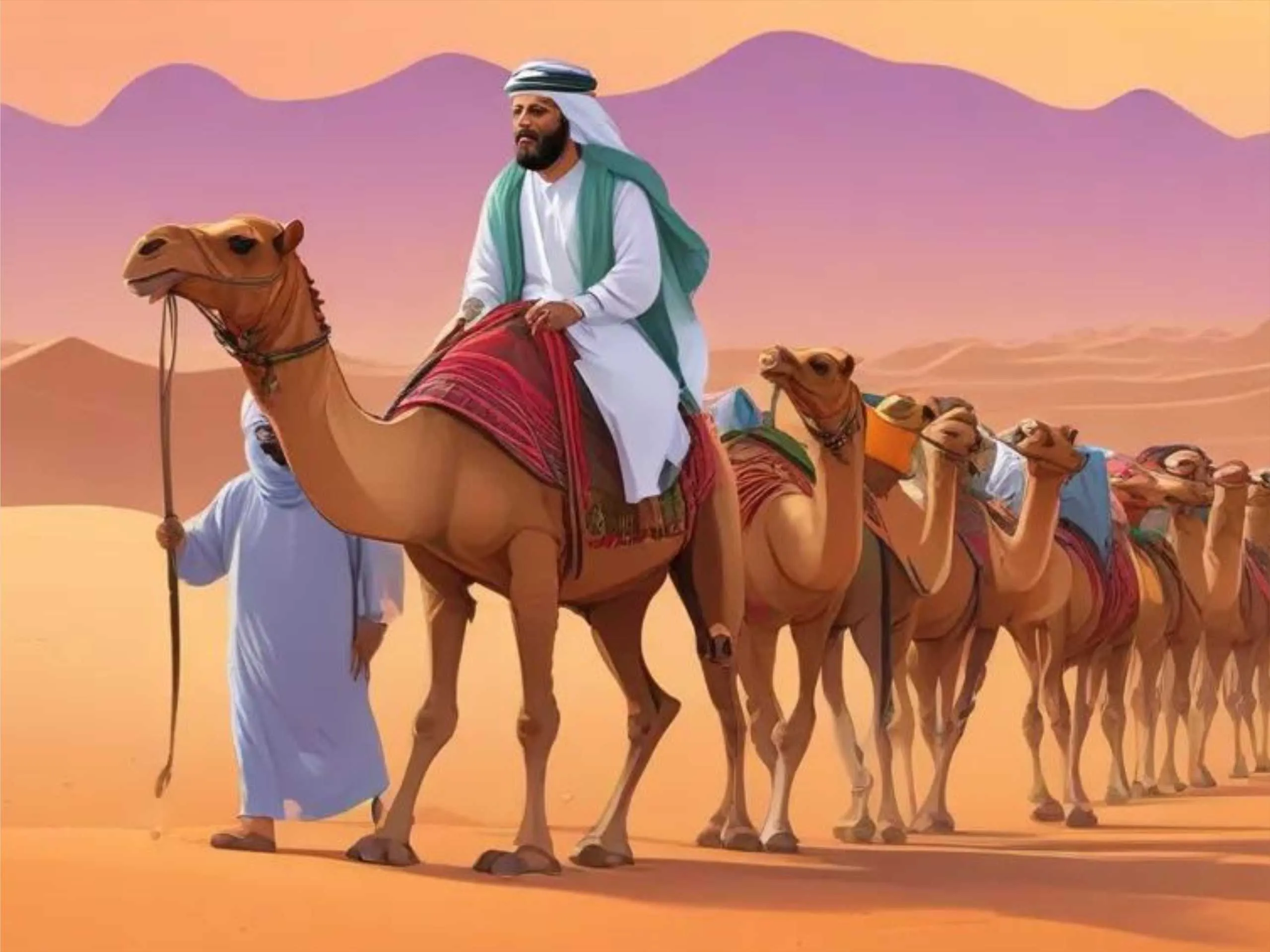 cartoon image of a sheikh travelling on camel in desert