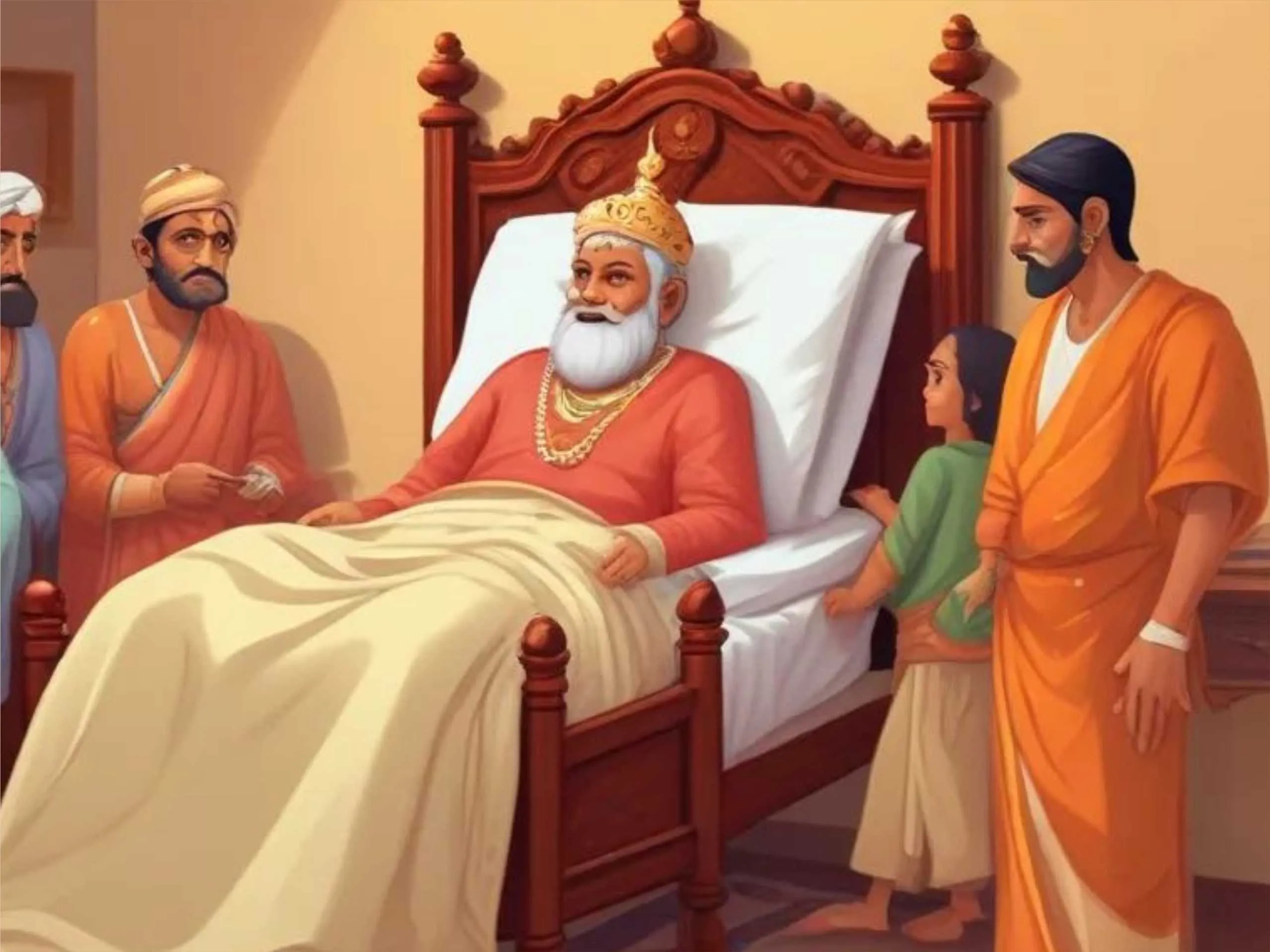 King on deathbed talking to his sons cartoon image