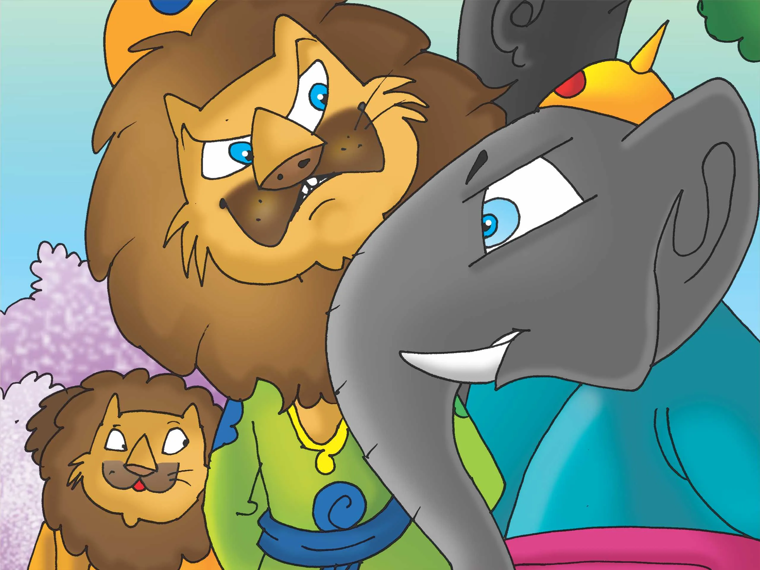 Lion elephant and lion cub cartoon image